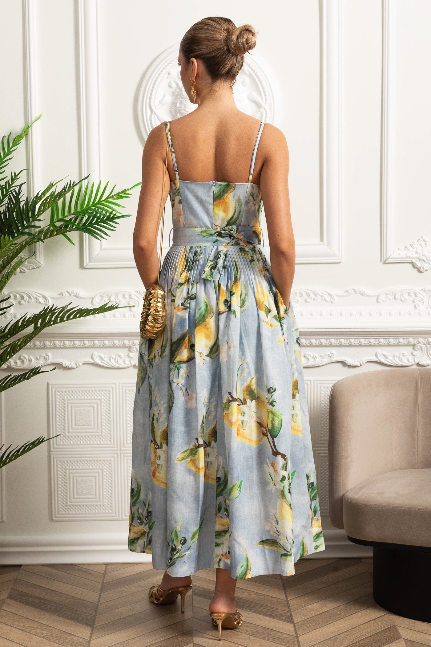 Pleated Bust Belted Midi Dress with Spaghetti Straps - Sky Blue