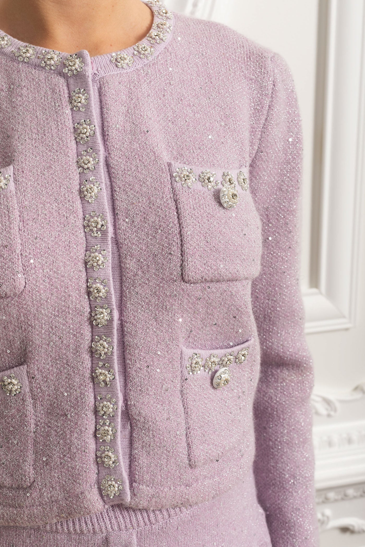 Verzierter Strick-Cardigan & plissierter Minirock-Kombisatz - Flieder 