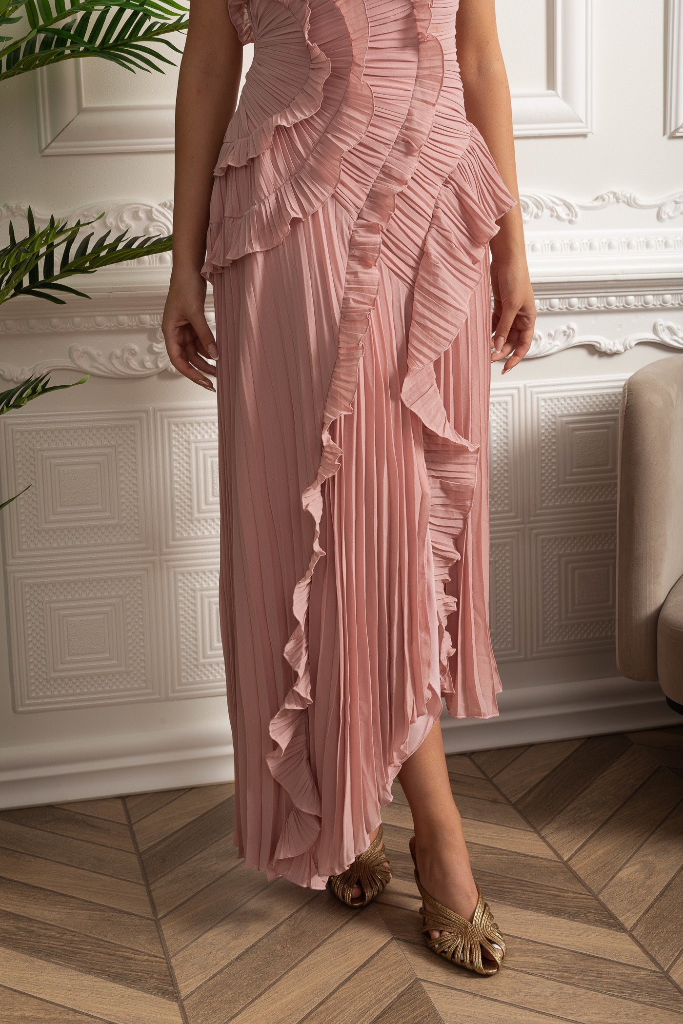 Pleated Halter Midi Dress With Cascading Ruffle Details - Pink