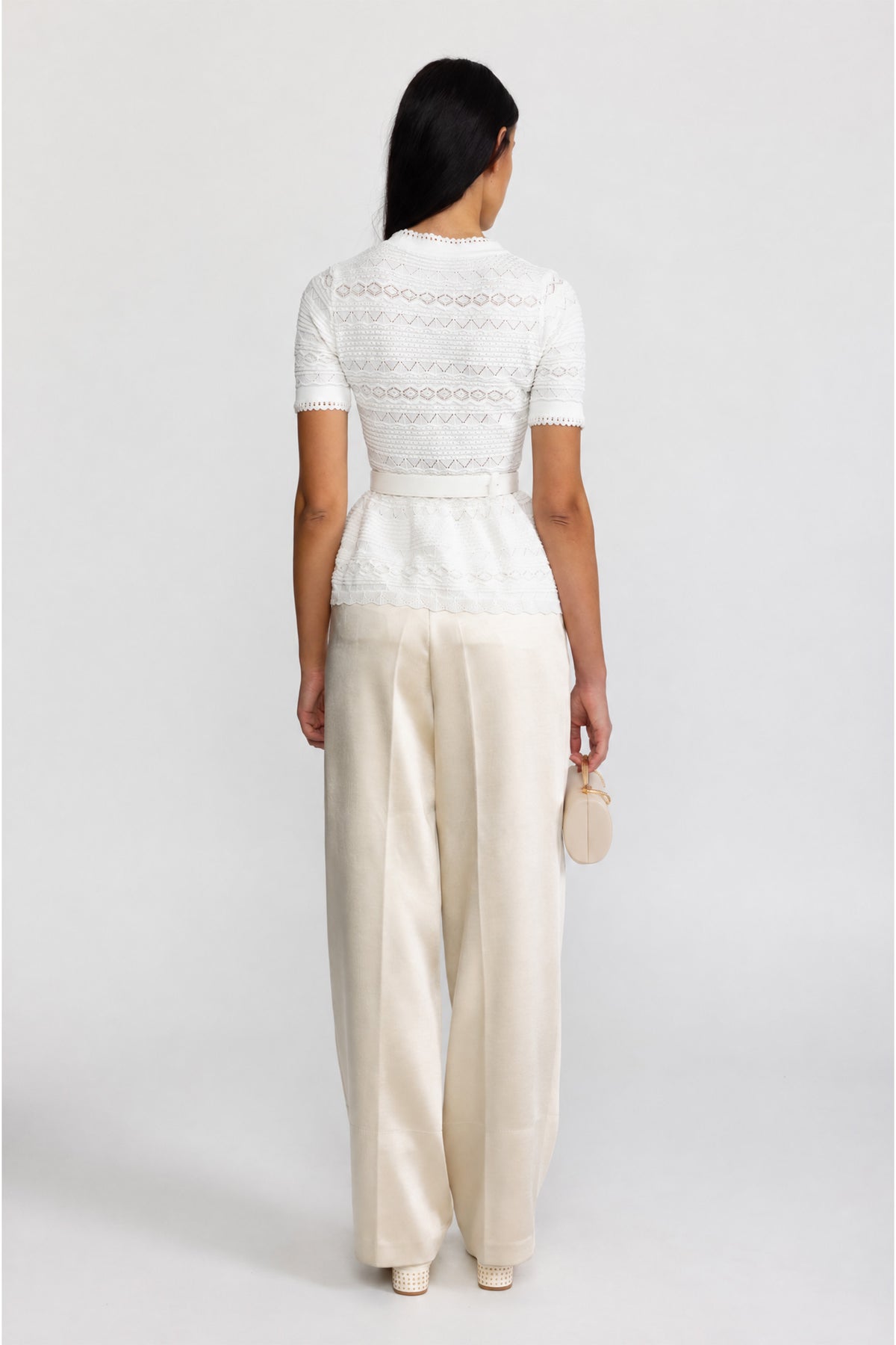 Pointelle-Stricktop mit Schleife und Peplumsaum - Weiß 