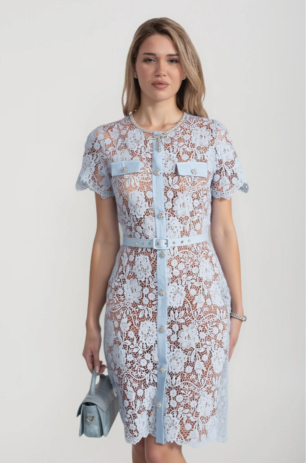 Lace Mini Dress With Buttoned Closure, Sparkling Embellishments And Coordinated Belt - Baby Blue