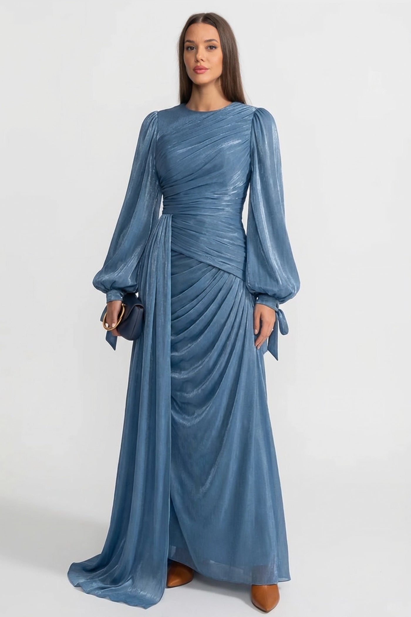 Draped Long-Sleeve Maxi Dress with Gathered Waist – Light Blue