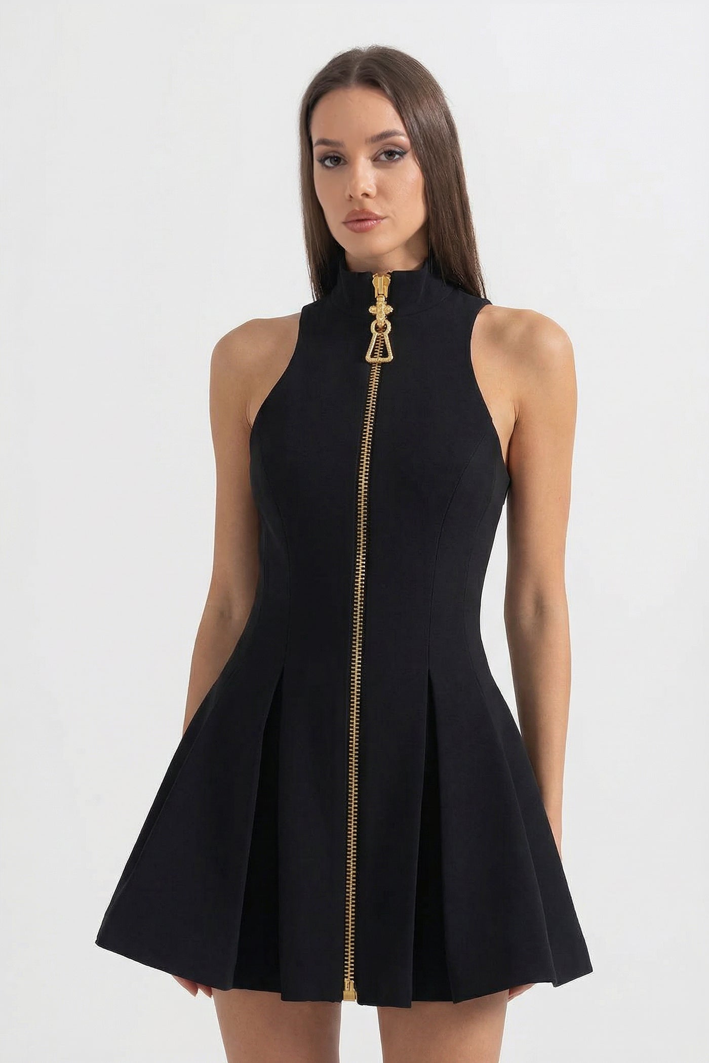 Ärmelloses Minikleid mit goldenem Frontreißverschluss - Schwarz 