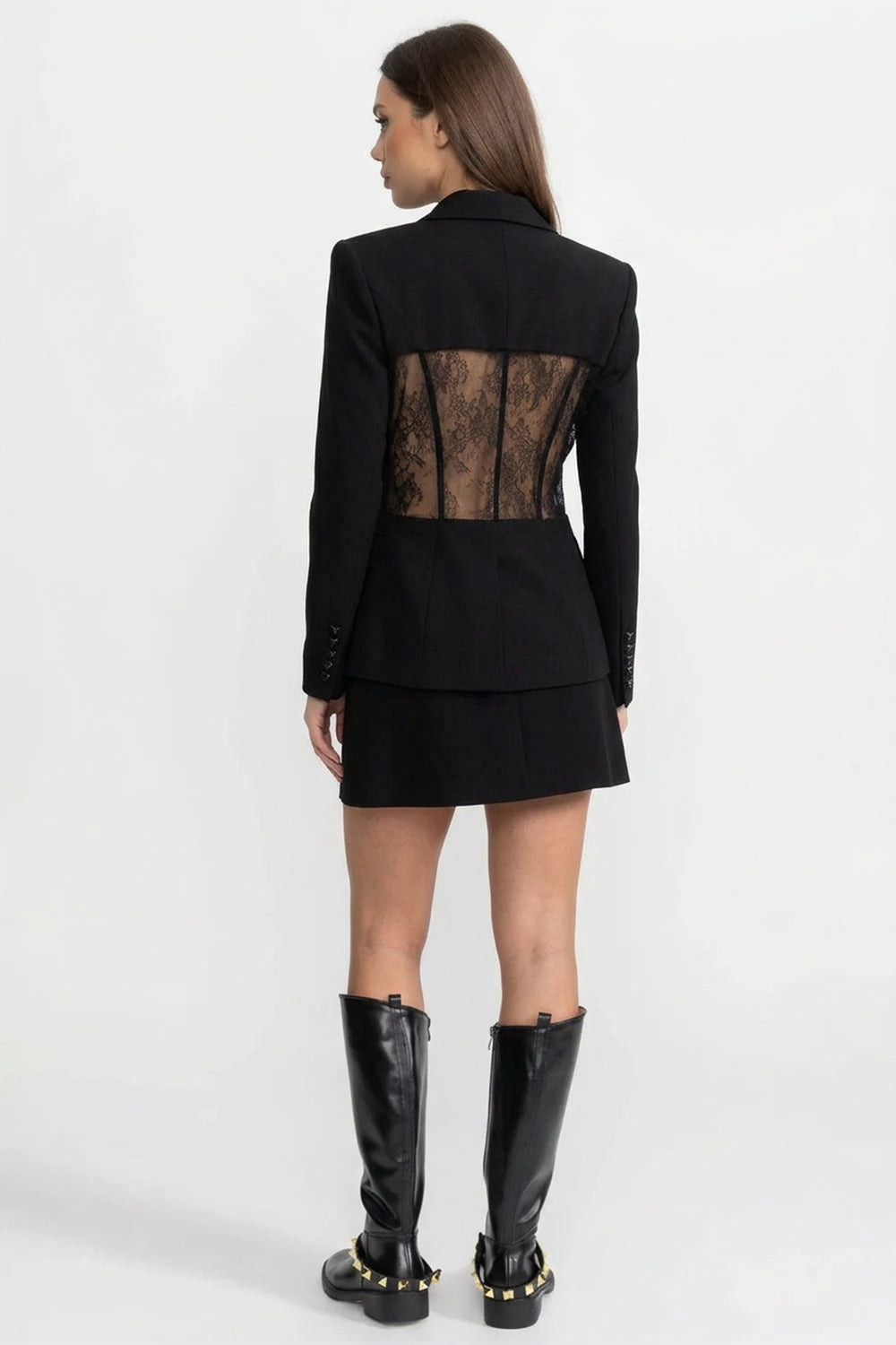 Maßgeschneiderter Blazer mit langen Ärmeln und transparenten Spitzen-Taillenpaneelen – Schwarz 