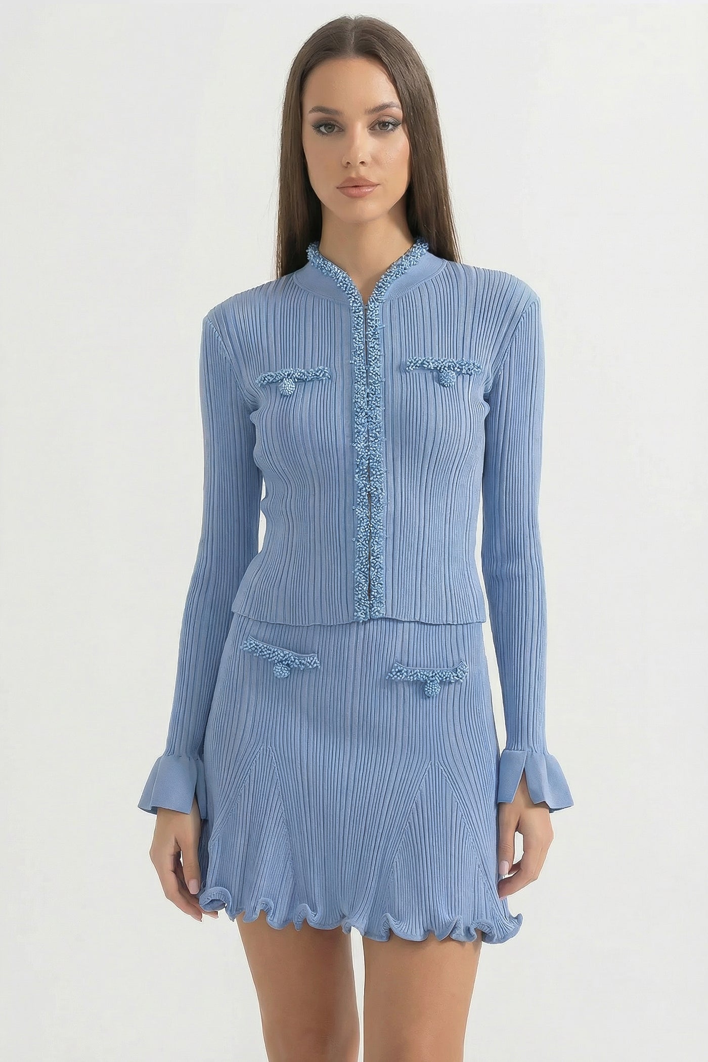 Geripptes Langarm-Set mit Perlenverzierungen – Blau 