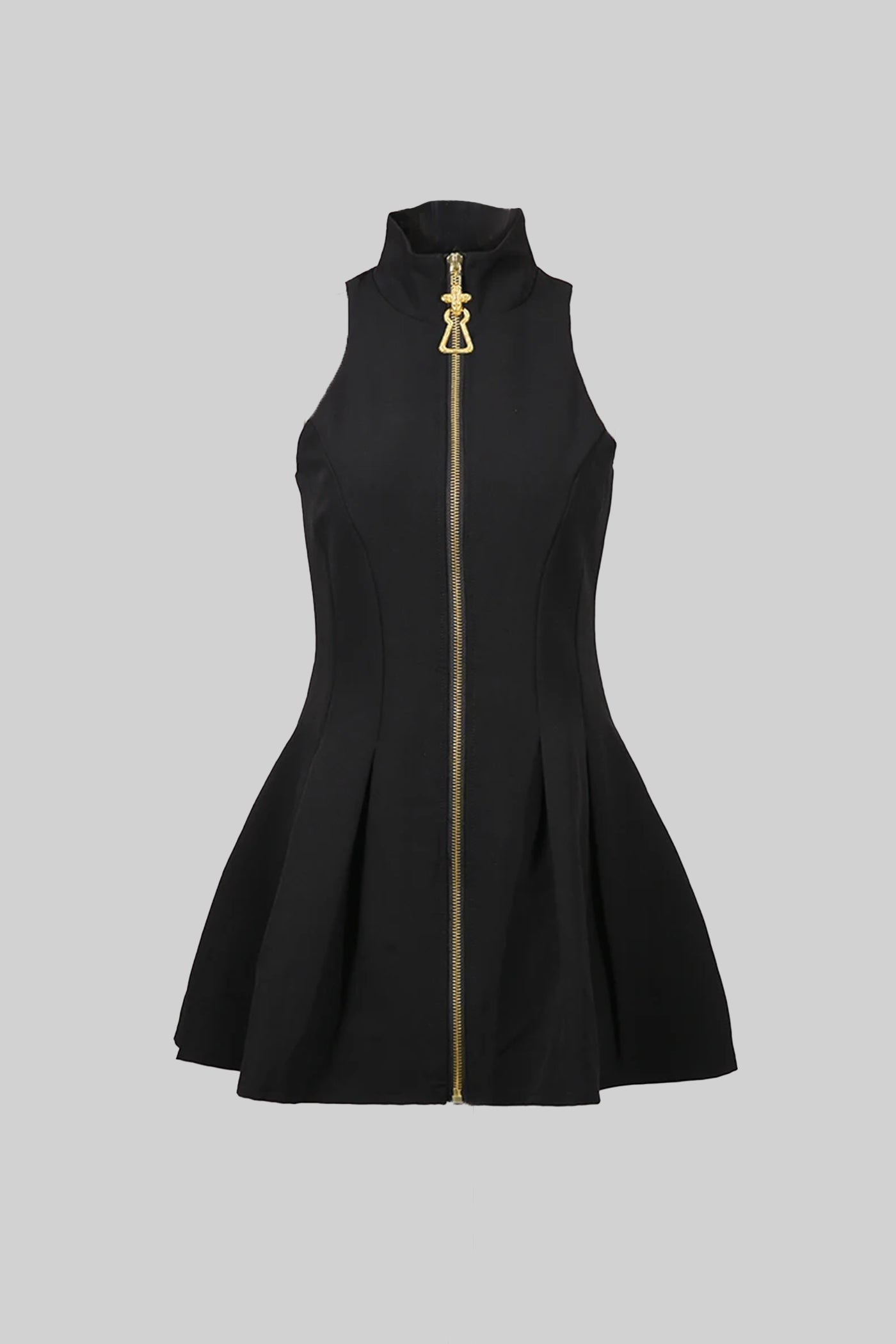 Ärmelloses Minikleid mit goldenem Frontreißverschluss - Schwarz 