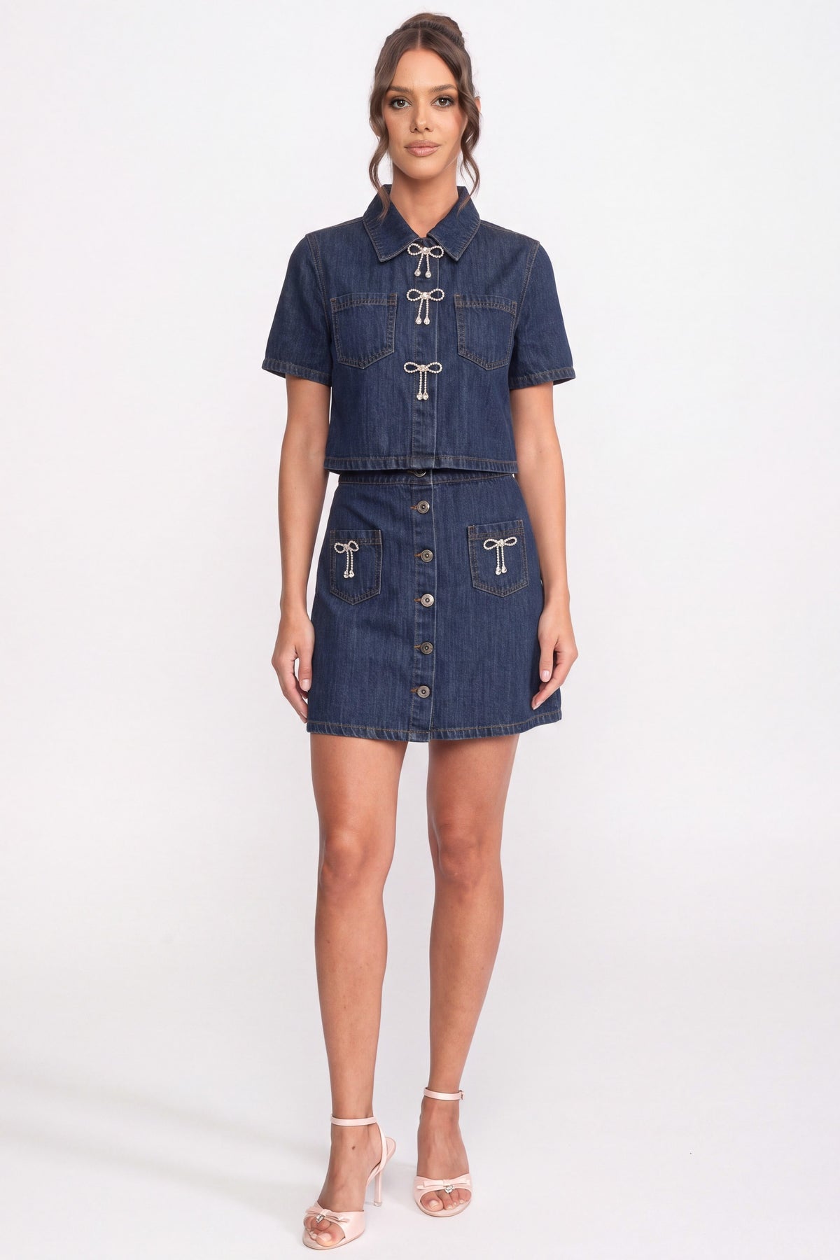 Co-Ord-Set aus Denim-Hemd und A-Linien-Rock mit funkelnden Schleifendetails - Blau 