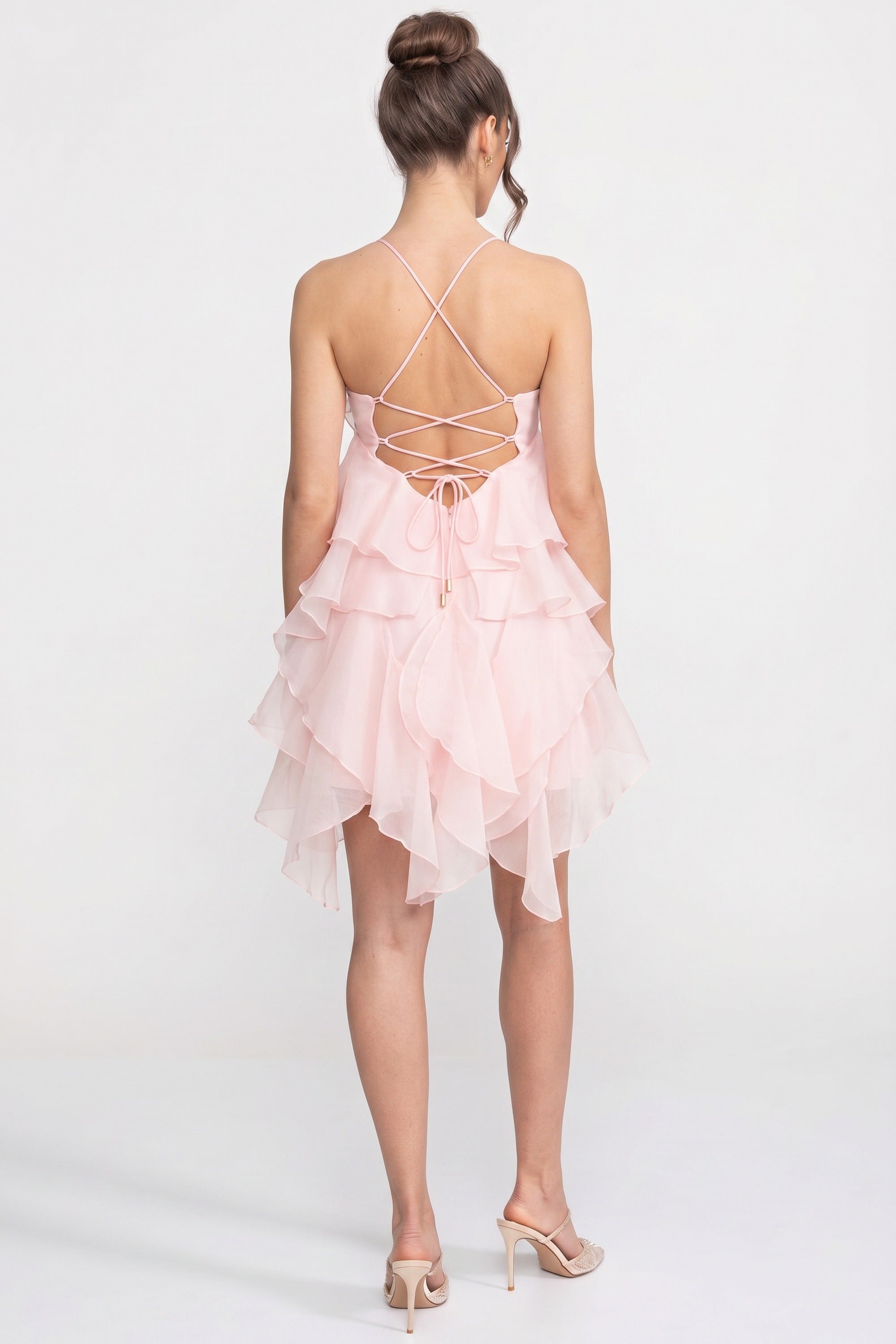 Gestuftes Rüschen-Minikleid mit 3D-Blumen-Halterkragen - Pink 