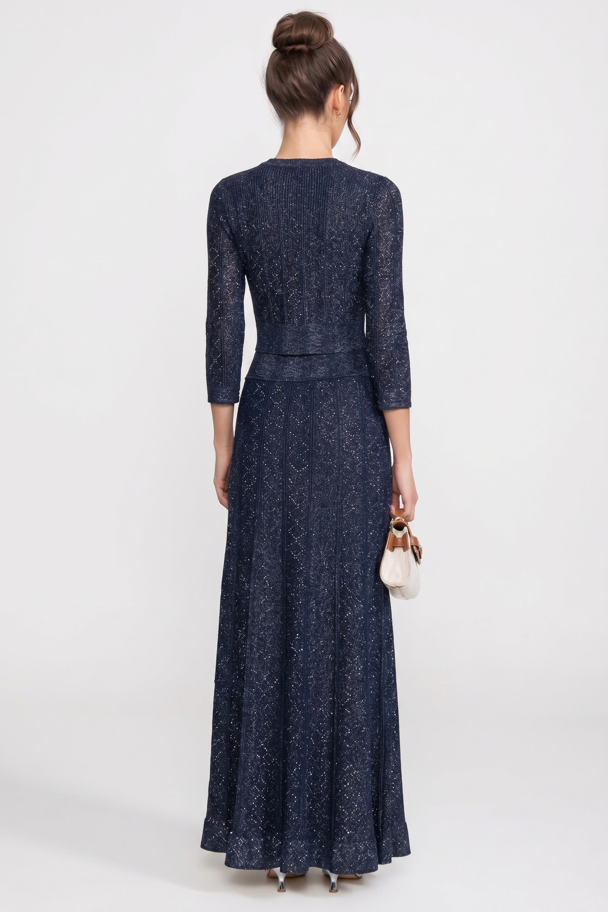 Langärmliges Co-Ord-Set aus Spitze mit Rautenmuster und Maxirock - Navy 