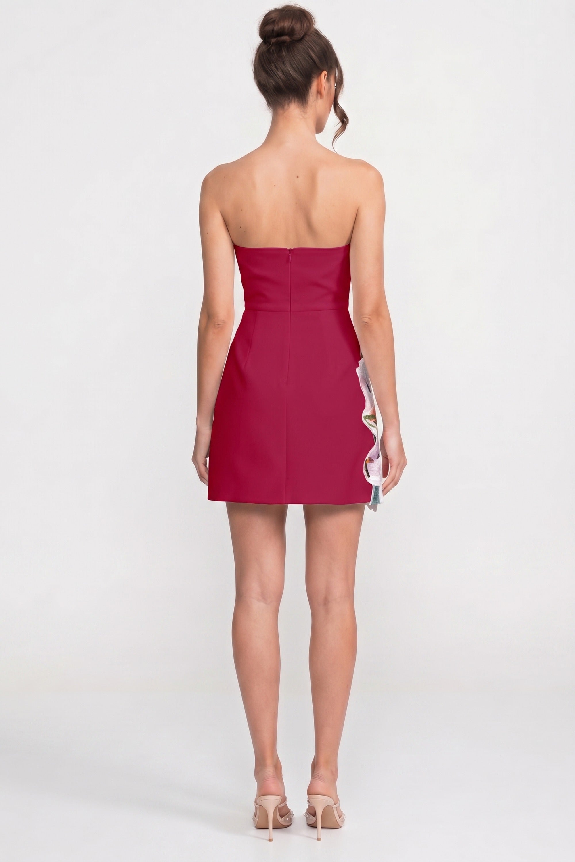 Trägerloses Mini-Kleid mit floralem Print und strukturiertem Oberteil - Rot 