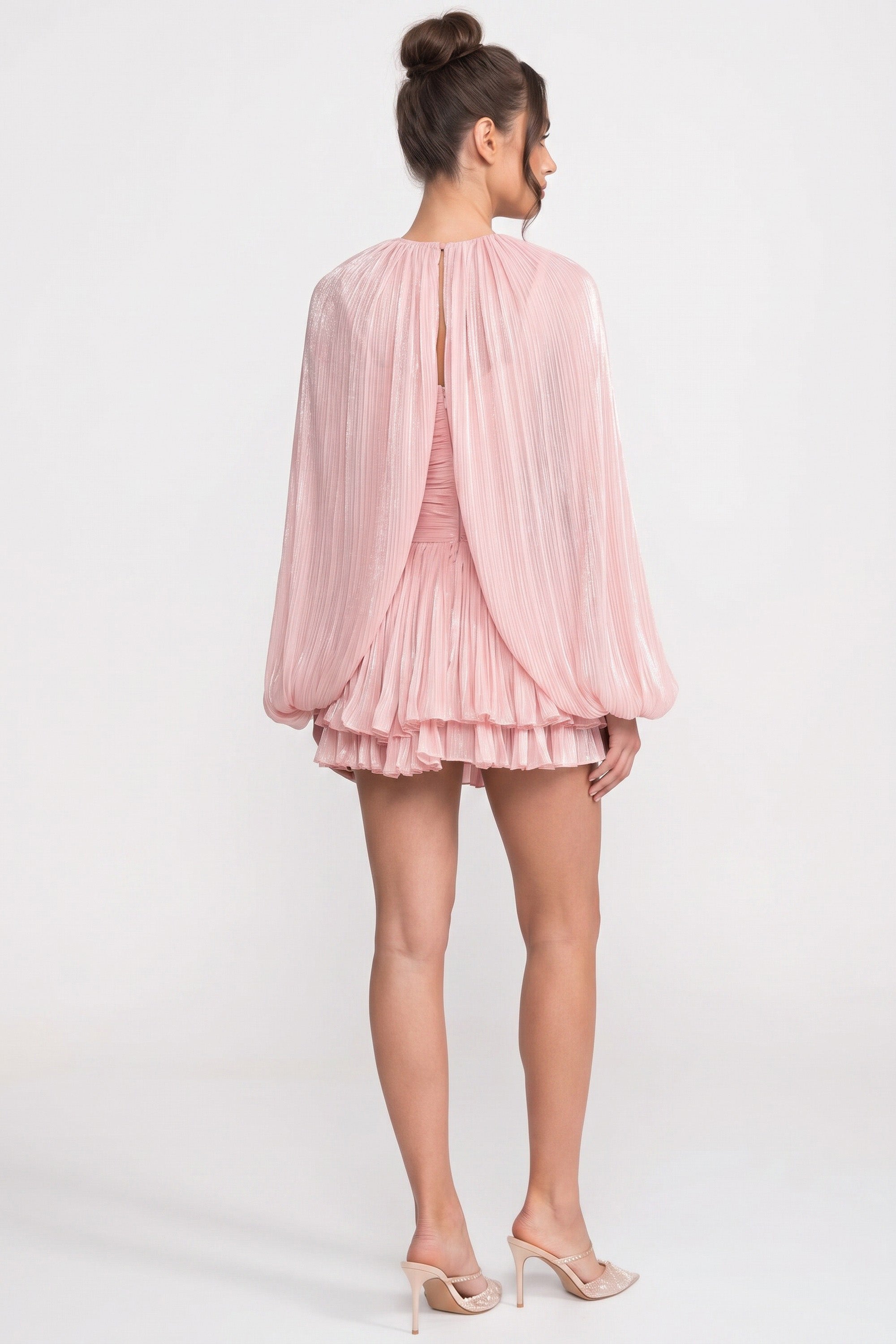 Hochgeschlossenes Minikleid mit Ballonärmeln und plissiertem Rock - Pink 