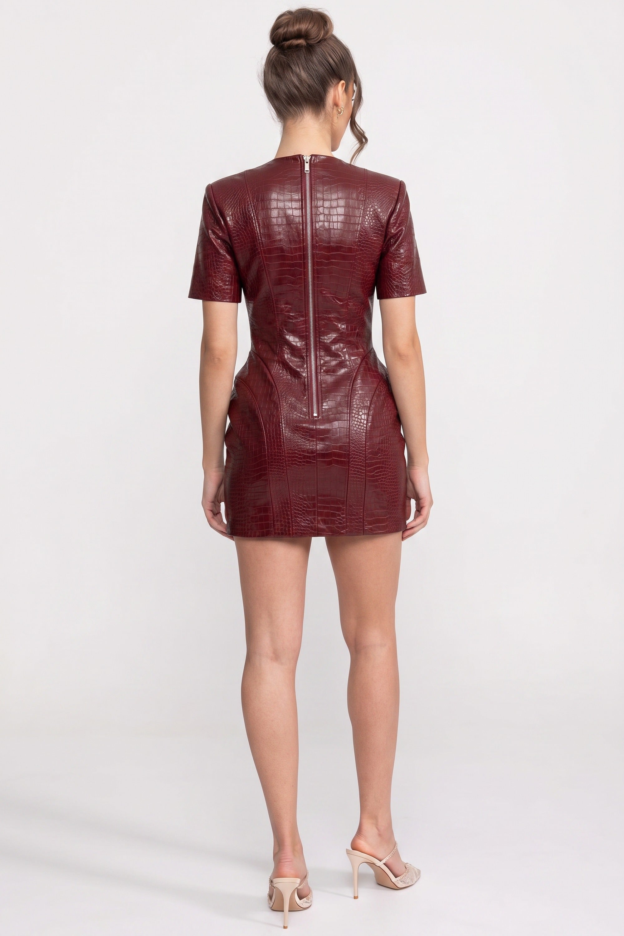 Mini-Kleid mit Krokodilprägung und goldener Knopfleiste - Rot 