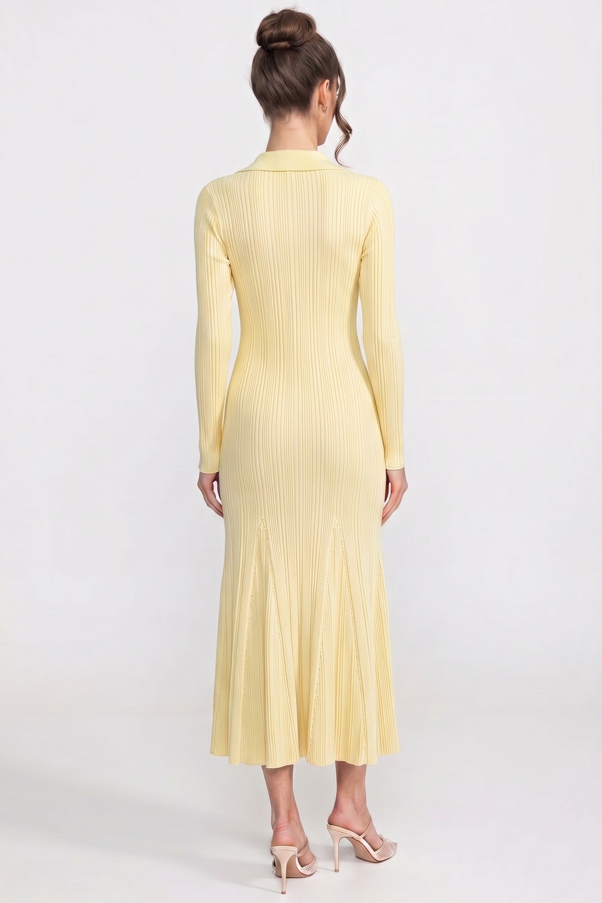 Long-Sleeve Button-Front Knit Maxi Dress With Patch Pockets - Yellow
