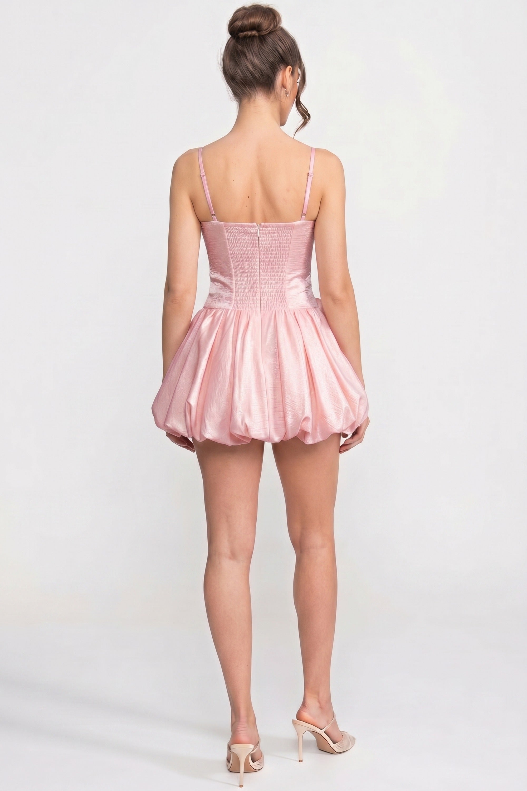 Minikleid aus Samt mit Spaghetti-Trägern und 3D-Rosensaum - Rosa 
