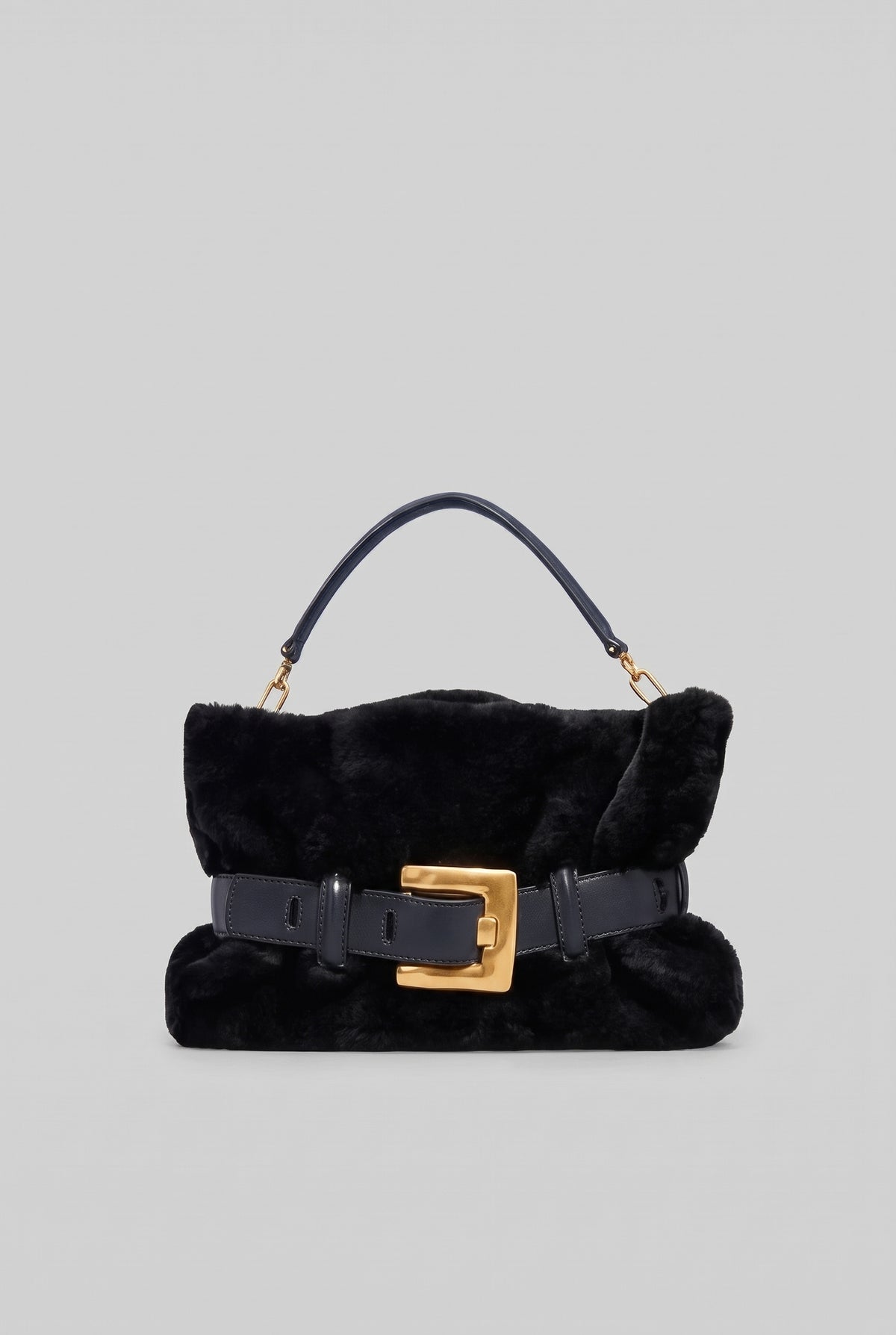 Kunstpelz-Handtasche mit Gürtel-Schnallendetail – Schwarz 