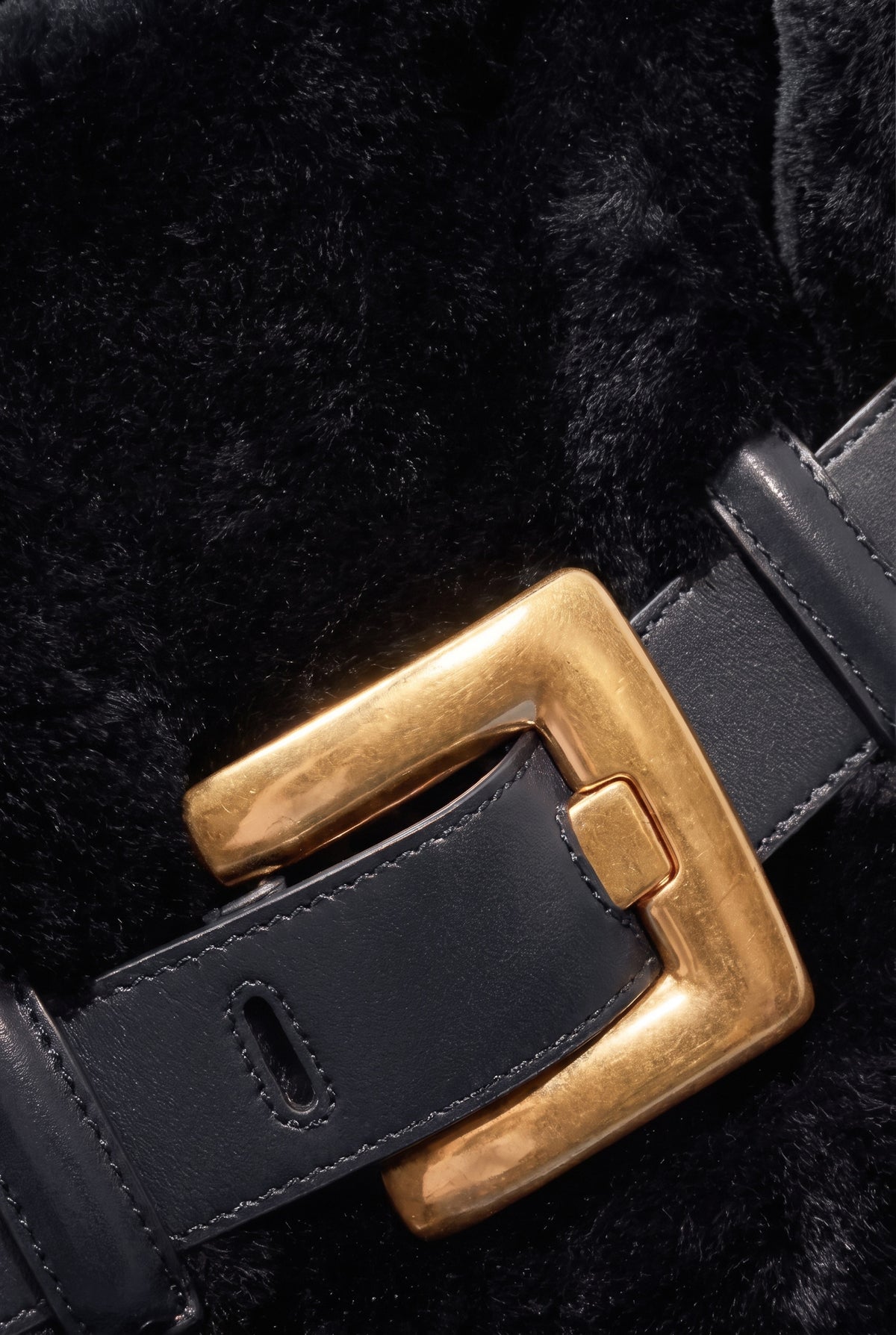 Faux Fur Handbag with Belt Buckle Detail – Black
