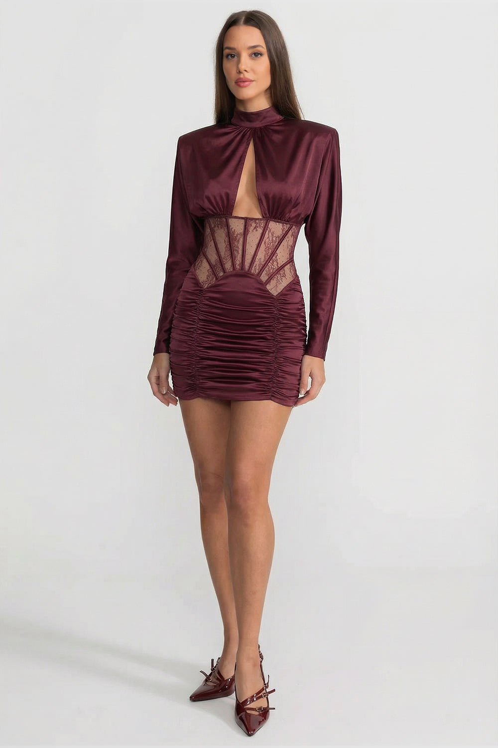 Satin Mini Dress with Lace Corset Insert – Burgundy