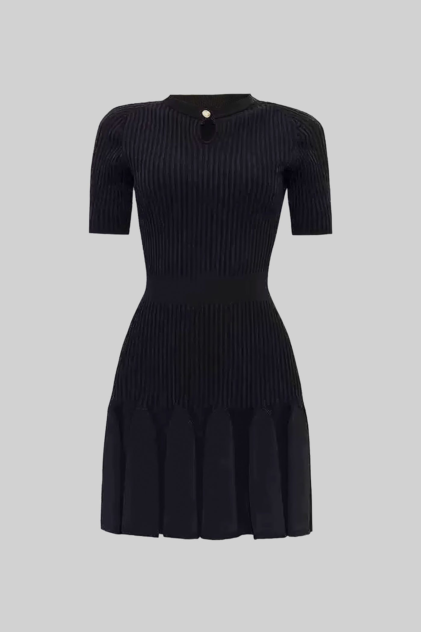 Geripptes Strick-Minikleid mit goldenen Knöpfen und Schlüsselloch-Ausschnitt – Schwarz 