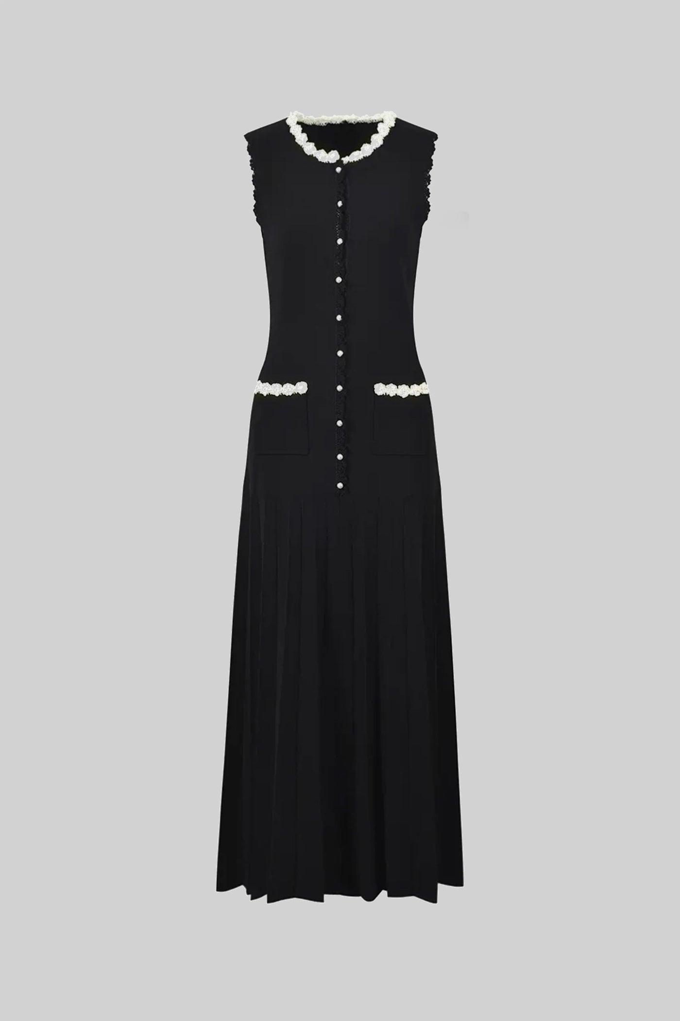 Ärmelloses Midikleid mit Perlenbesatz - Schwarz 