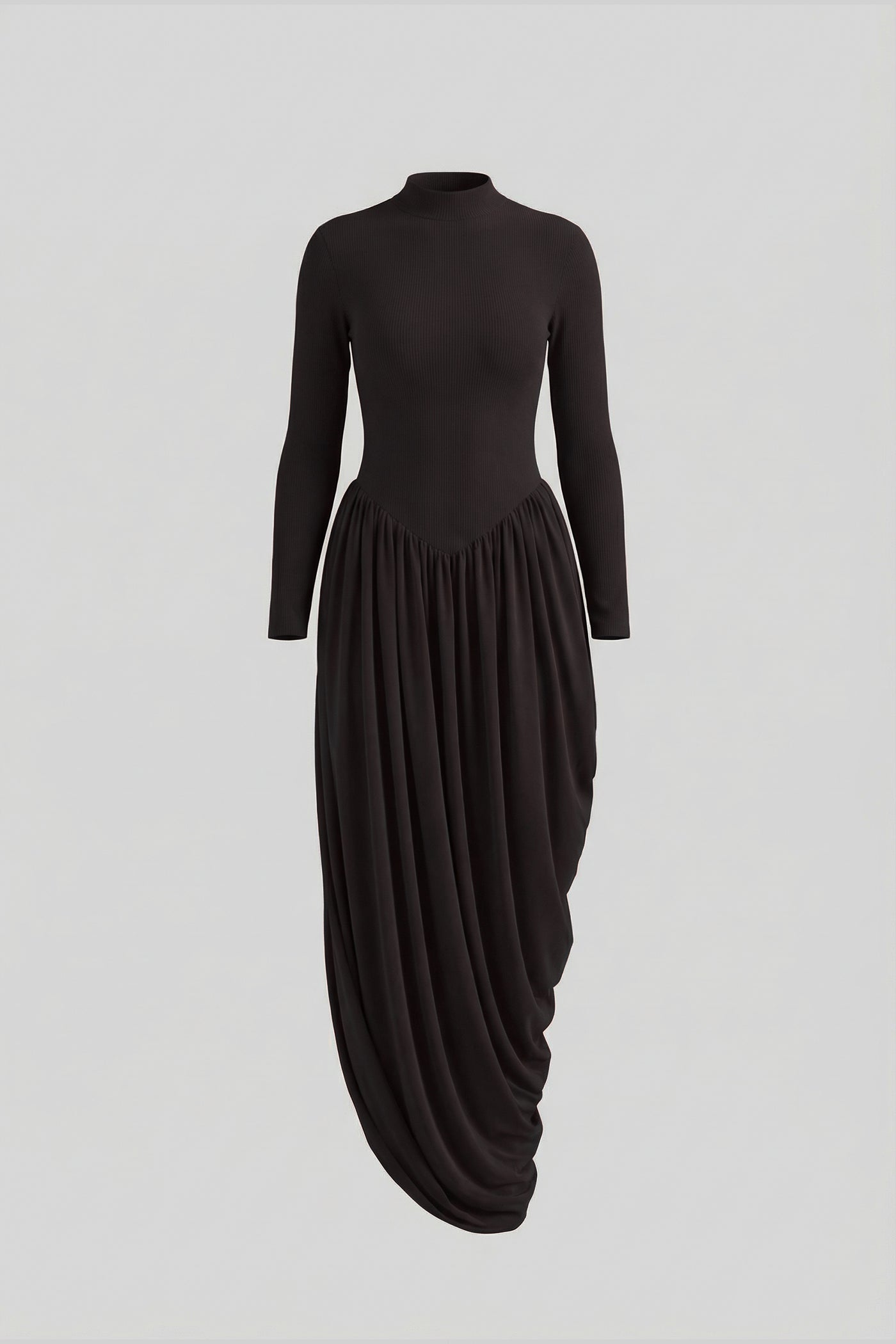 Maxikleid mit langen Ärmeln und drapiertem Rock - Schwarz 