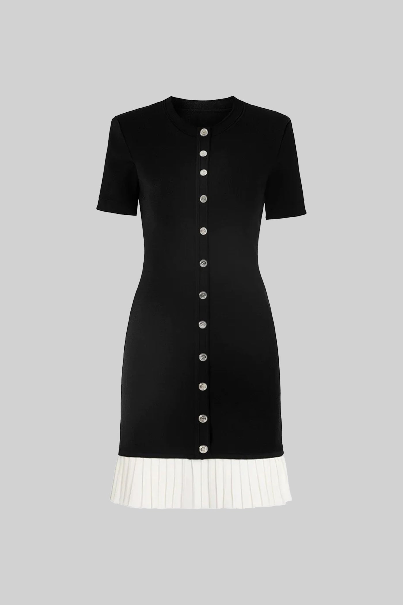 Mini-Kleid mit kurzen Ärmeln und kontrastierendem plissiertem Saum – Schwarz 
