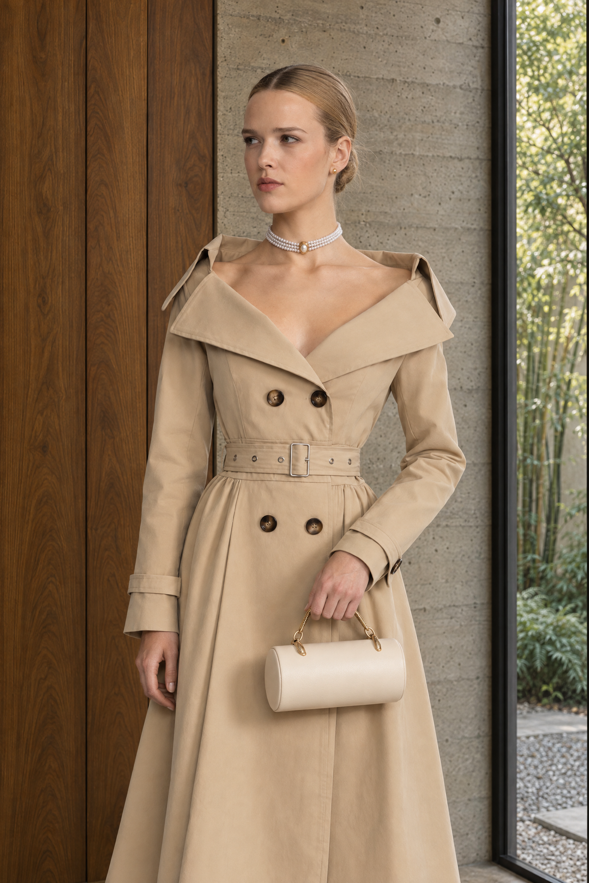 Schulterfreies Trenchkleid mit Kragen und Gürtel - Beige 
