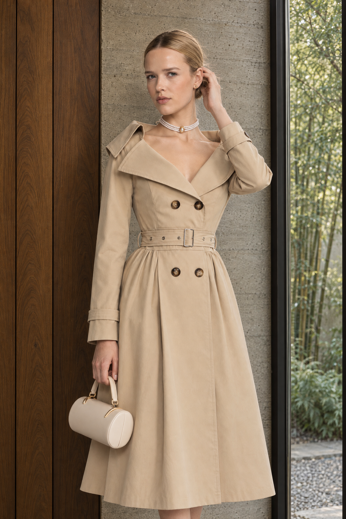 Schulterfreies Trenchkleid mit Kragen und Gürtel - Beige 