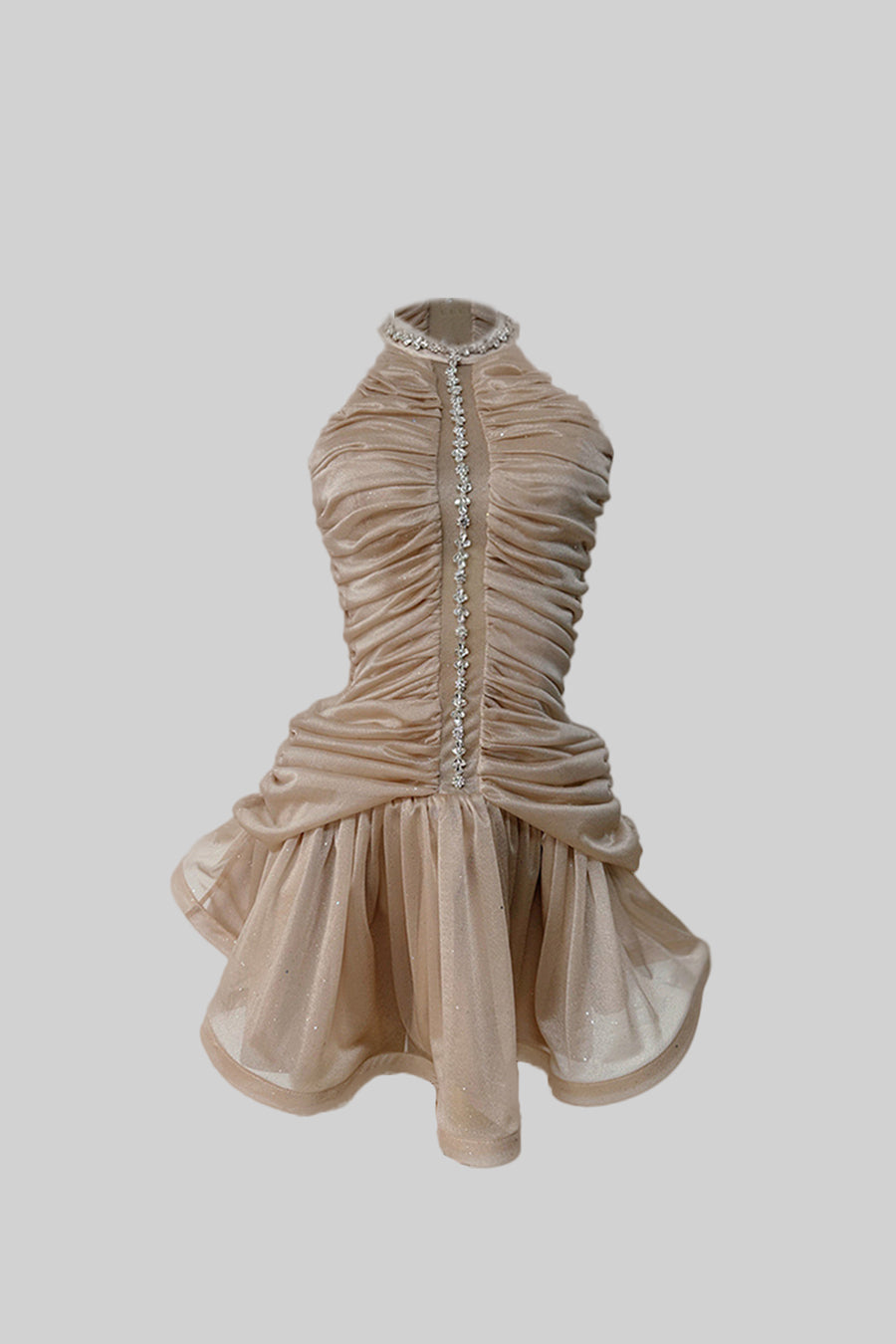 Sleeveless Halter Dress with Pearl Accents - Nude