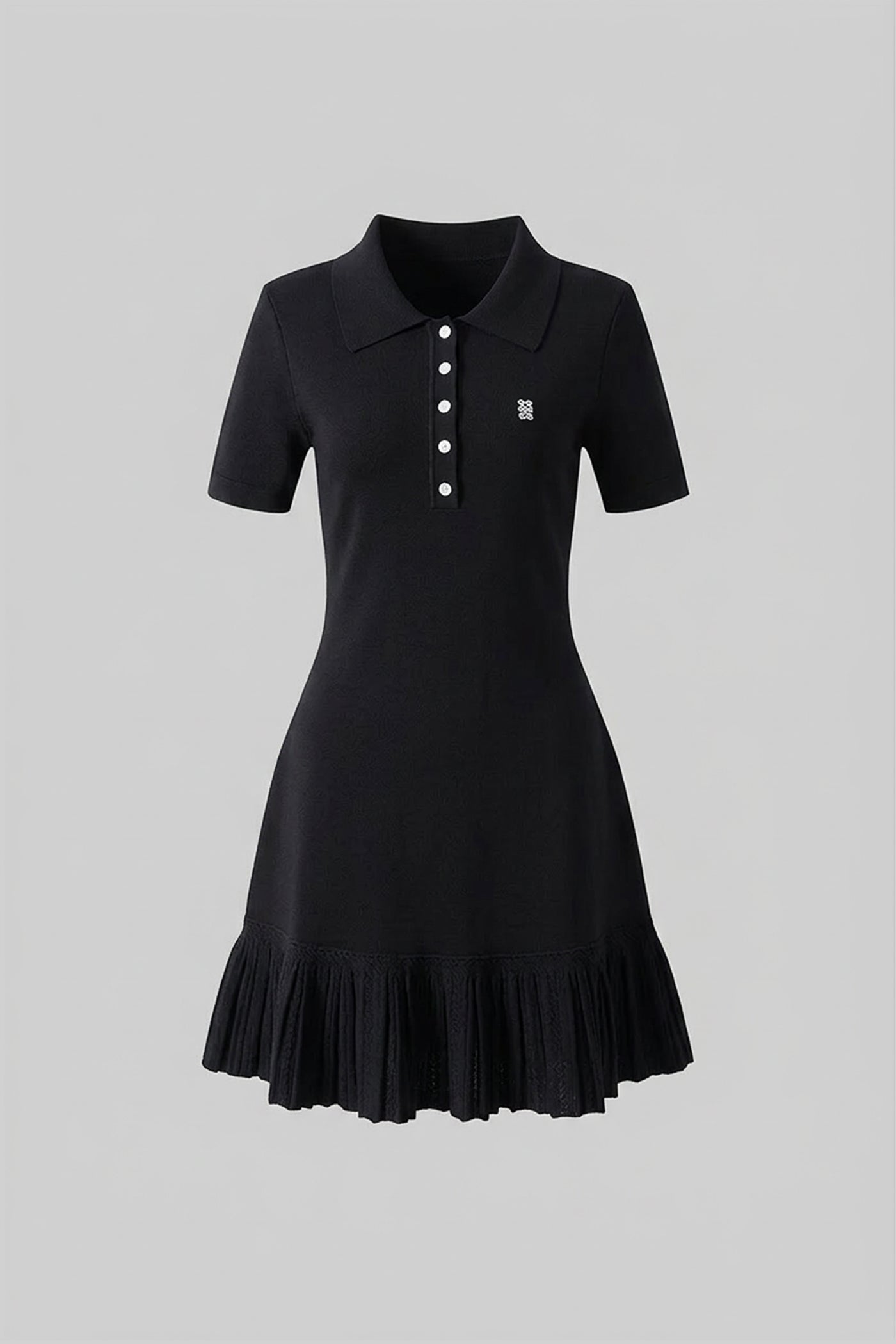 Kurzärmeliges Polo-Minikleid mit plissiertem Volant-Saum – Schwarz 