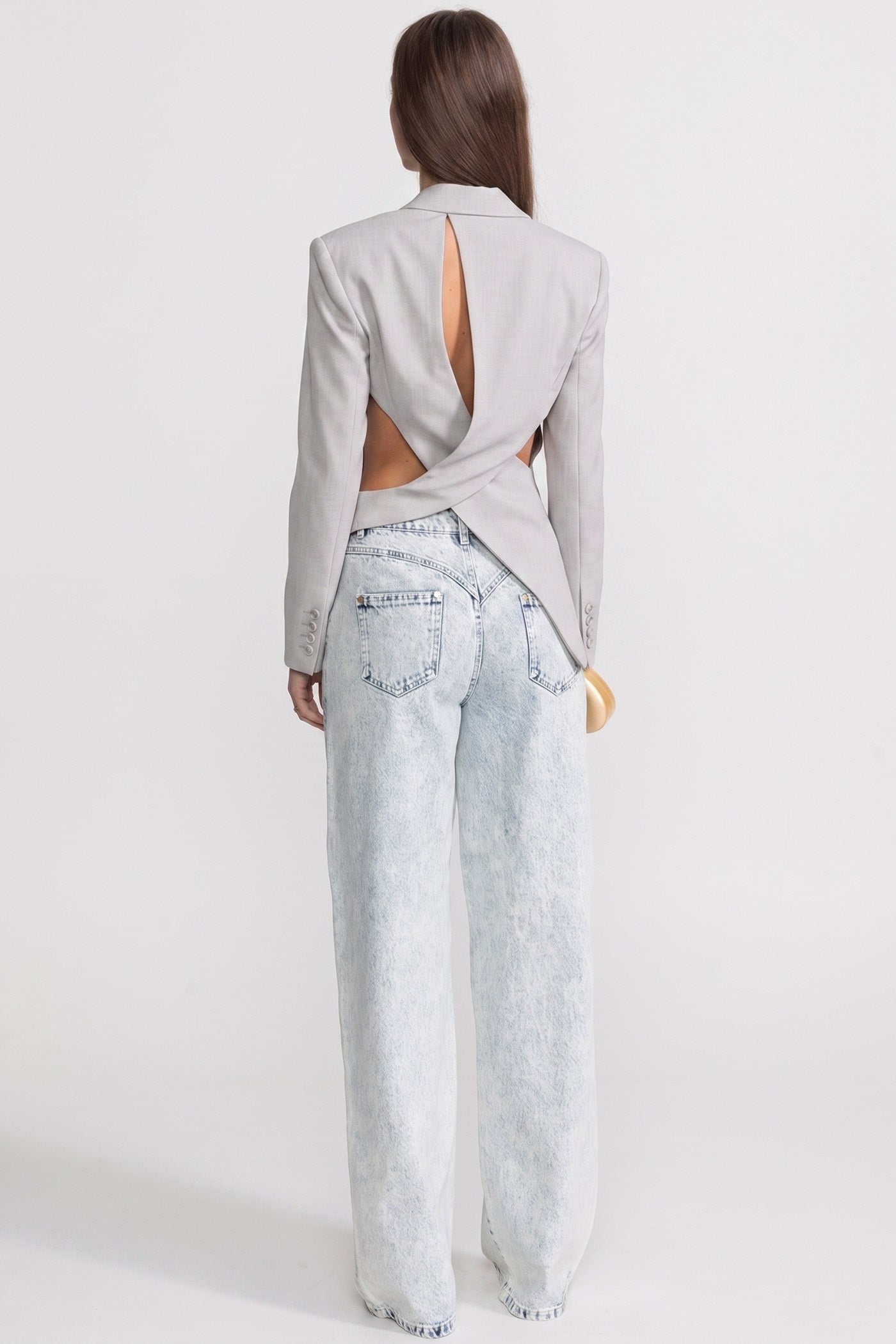 Asymmetrischer Cut-out-Blazer mit Gürtel-Detail - Hellgrau 