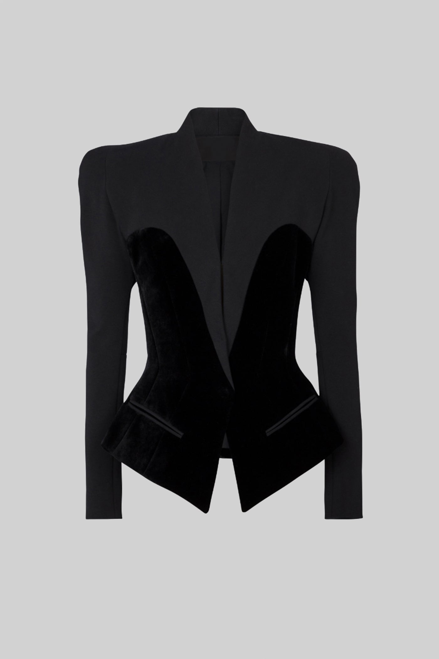 Maßgeschneiderter Blazer mit langen Ärmeln und samtigen Korsett-Style-Paneelen – Schwarz 
