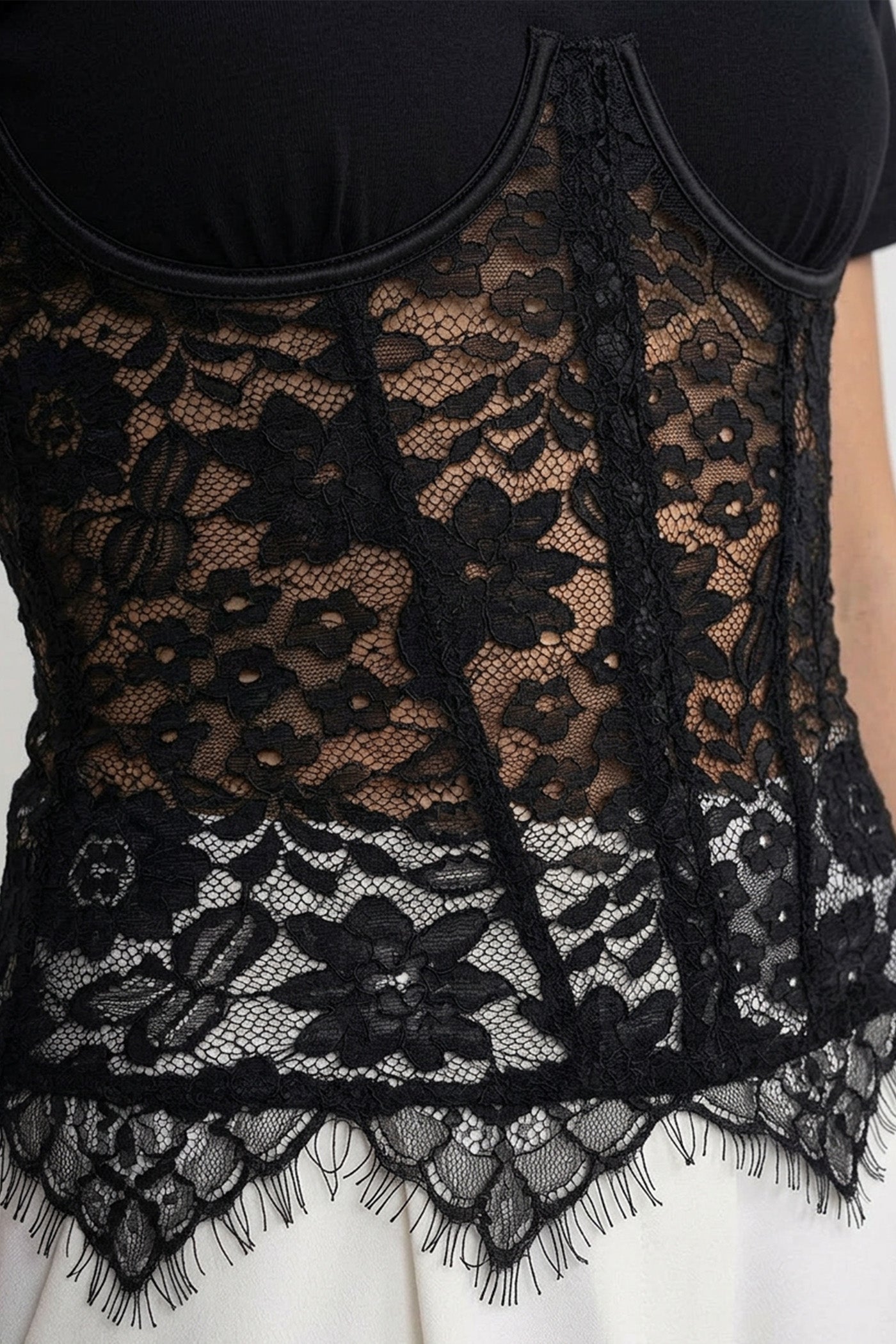 Short Sleeve Top With Lace Corset Overlay - Black