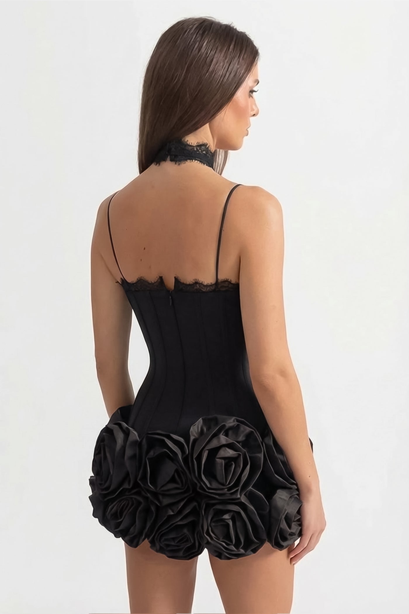 Halter Corset Mini Dress with 3D Rose Hem – Black