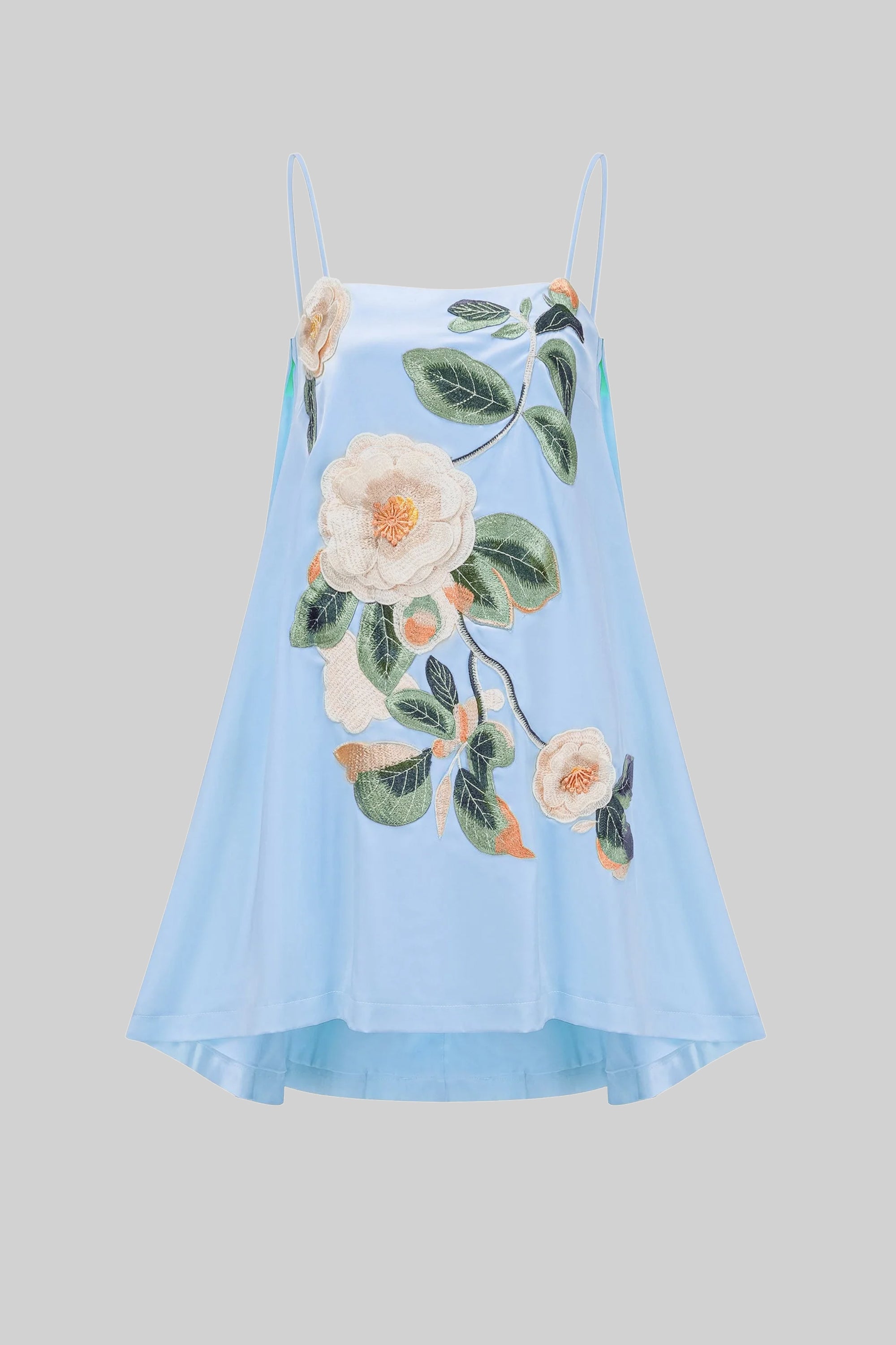 Minikleid mit Spaghettiträgern, 3D-Blumenapplikation und A-Linien-Rock - Blau 