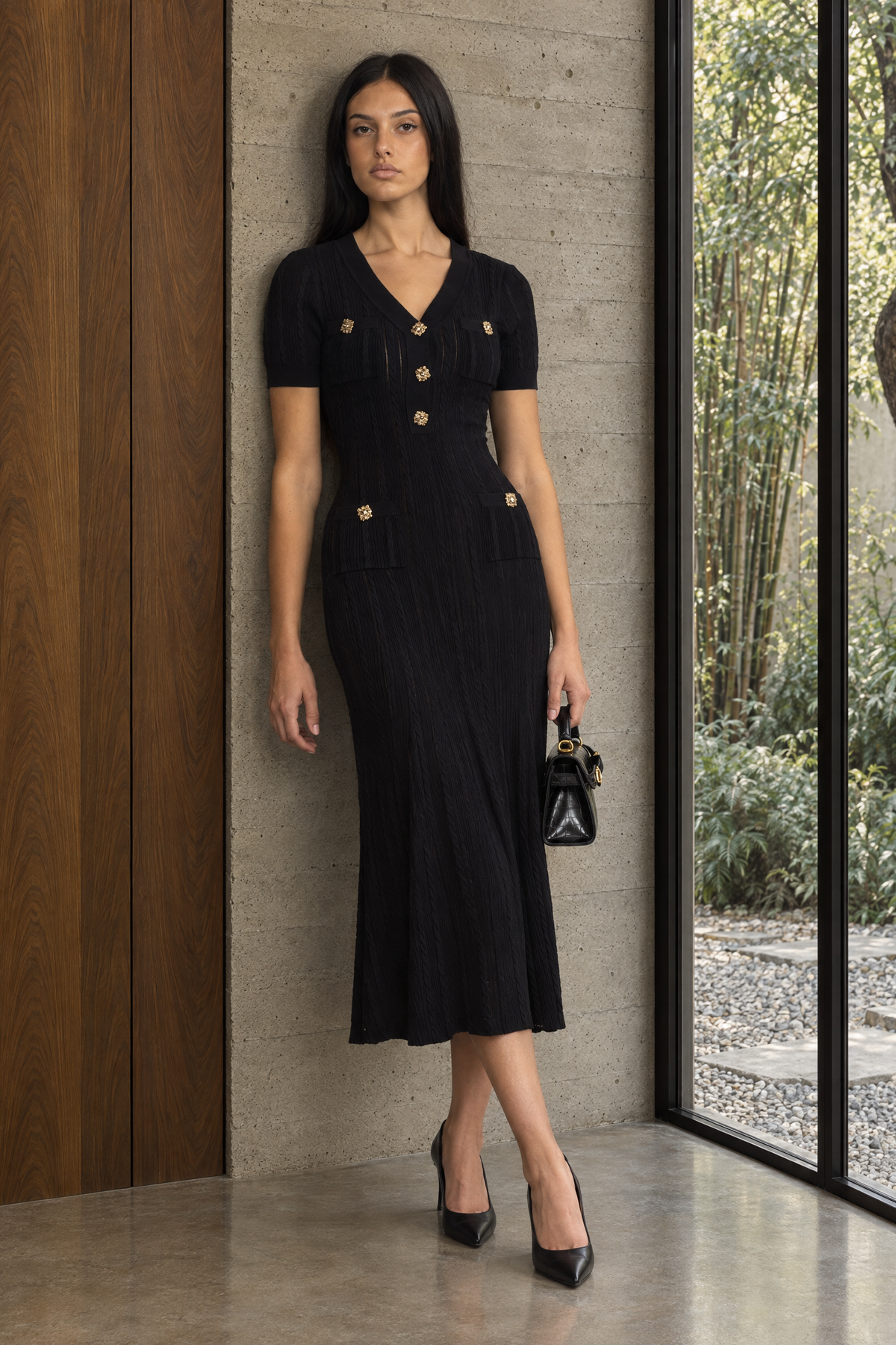 Midi-Kleid aus Zopstrick mit Schmuckknöpfen - Schwarz 