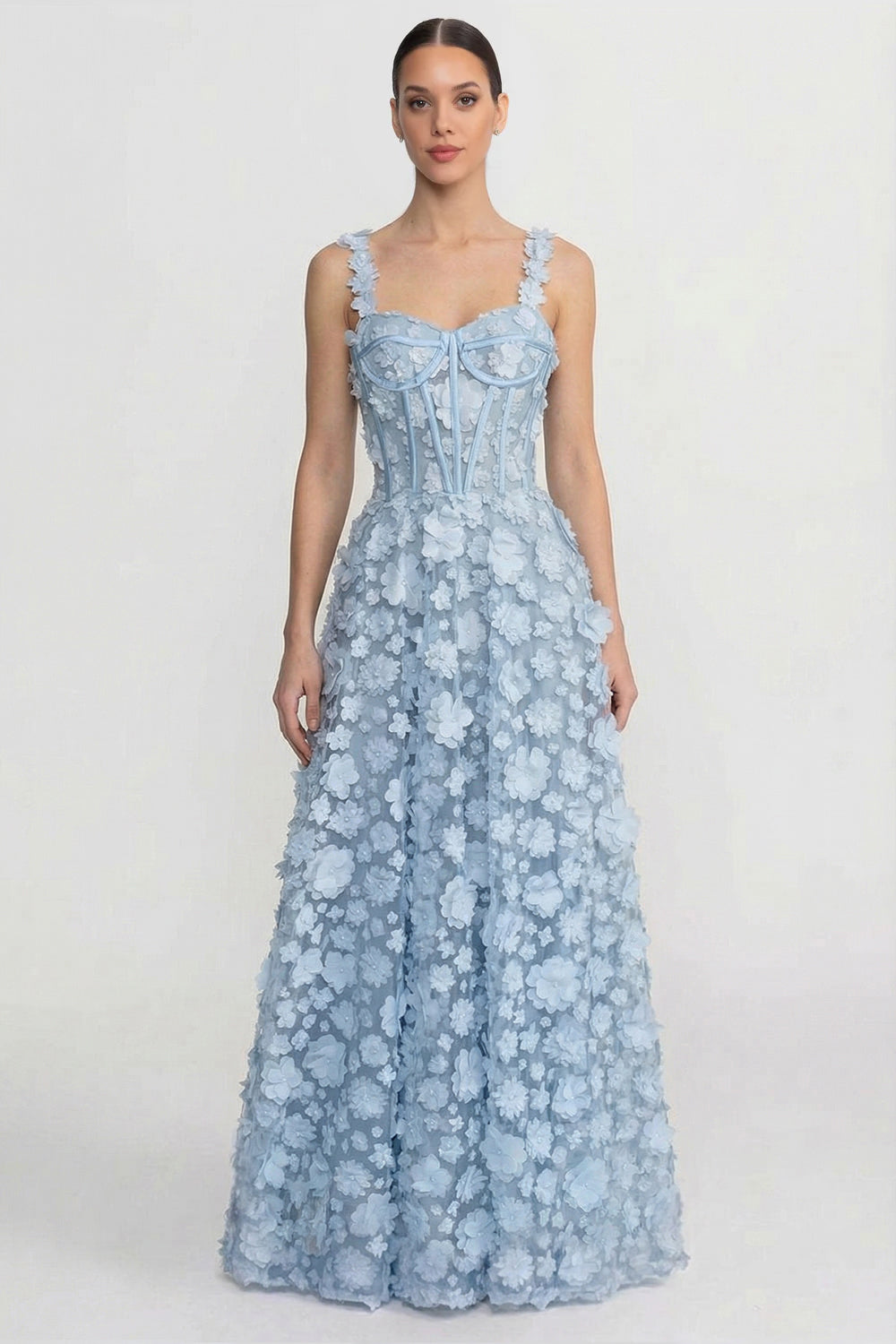 Maxikleid mit floraler Applikation und Korsett-Oberteil - Blau 