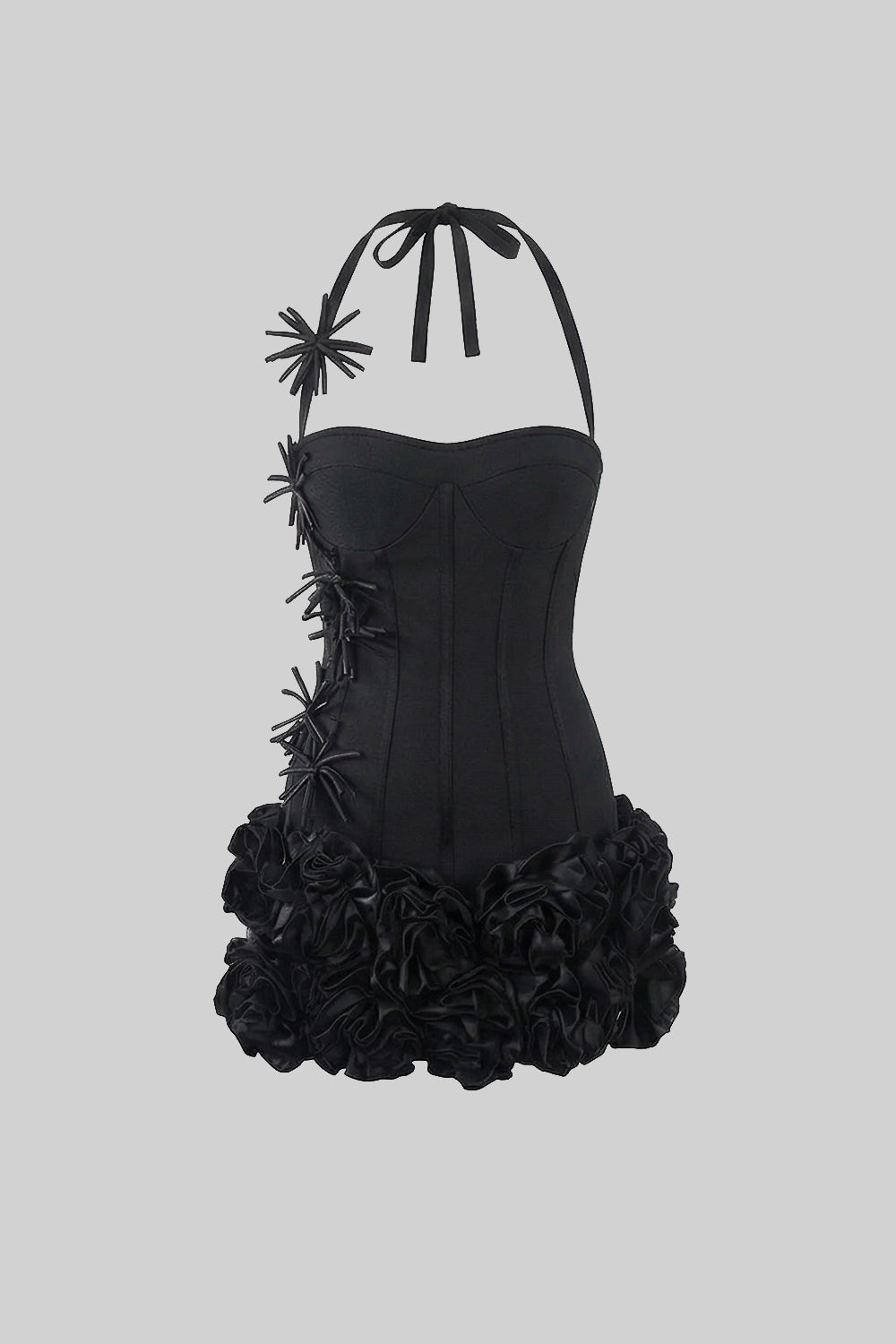 Corset Mini Dress with Sculpted Floral Hem – Black