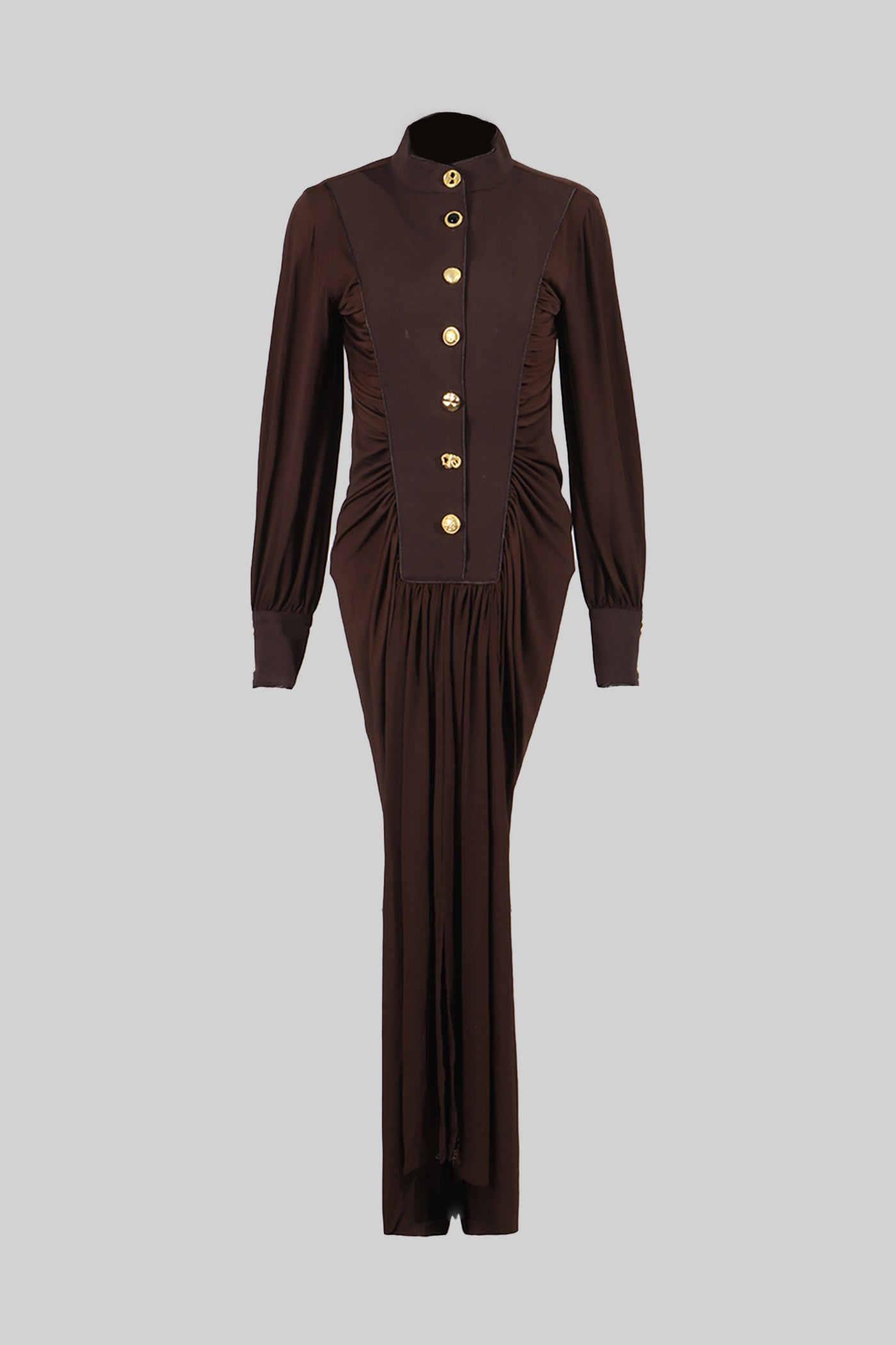 Draped Maxi Dress with Gold Statement Buttons - Brown