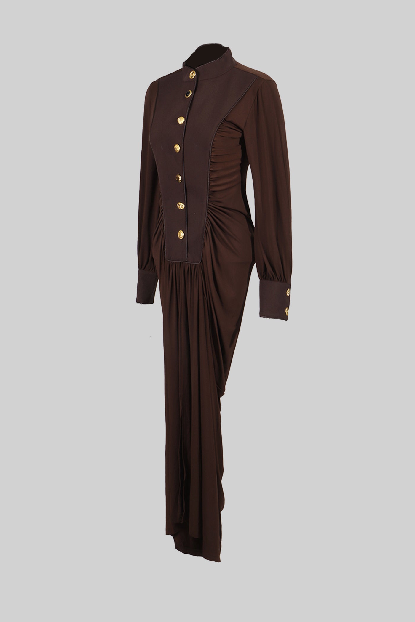 Draped Maxi Dress with Gold Statement Buttons - Brown
