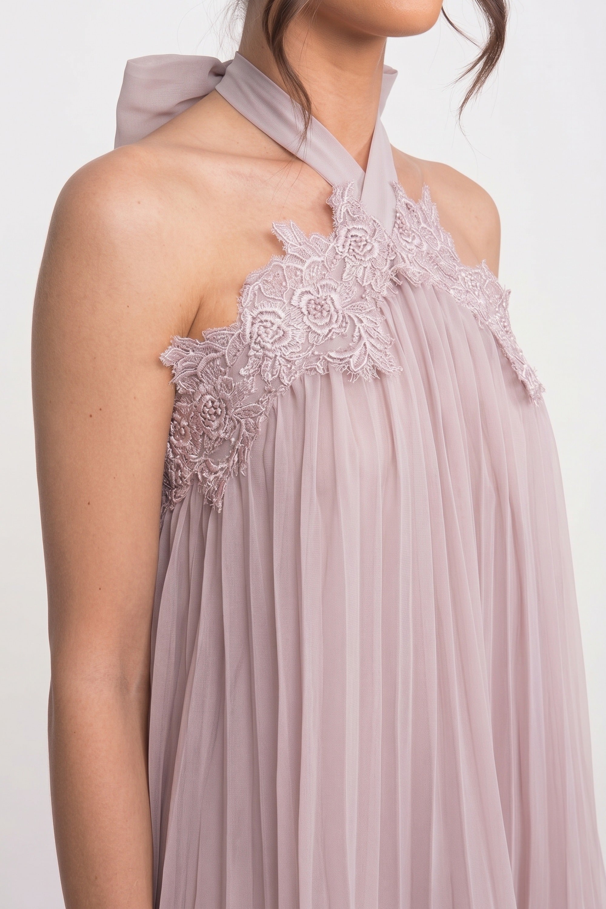 Halter Neck Chiffon Mini Dress With Lace Hem - Pink