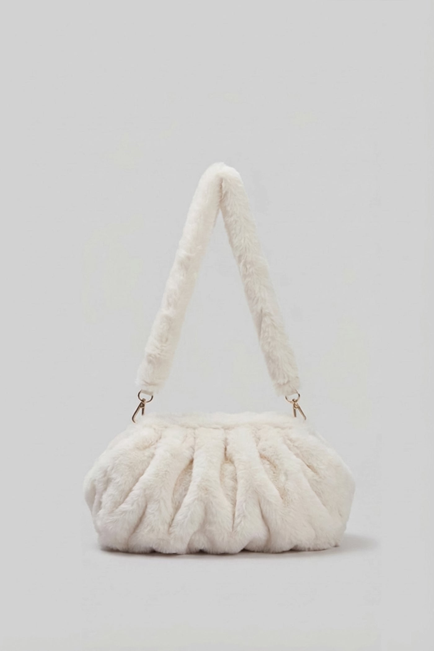 Faux Fur Shoulder Bag with Ruched Design – White