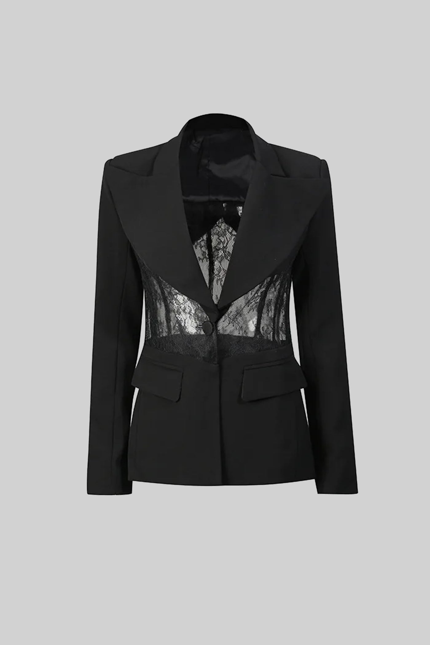 Maßgeschneiderter Blazer mit langen Ärmeln und transparenten Spitzen-Taillenpaneelen – Schwarz 
