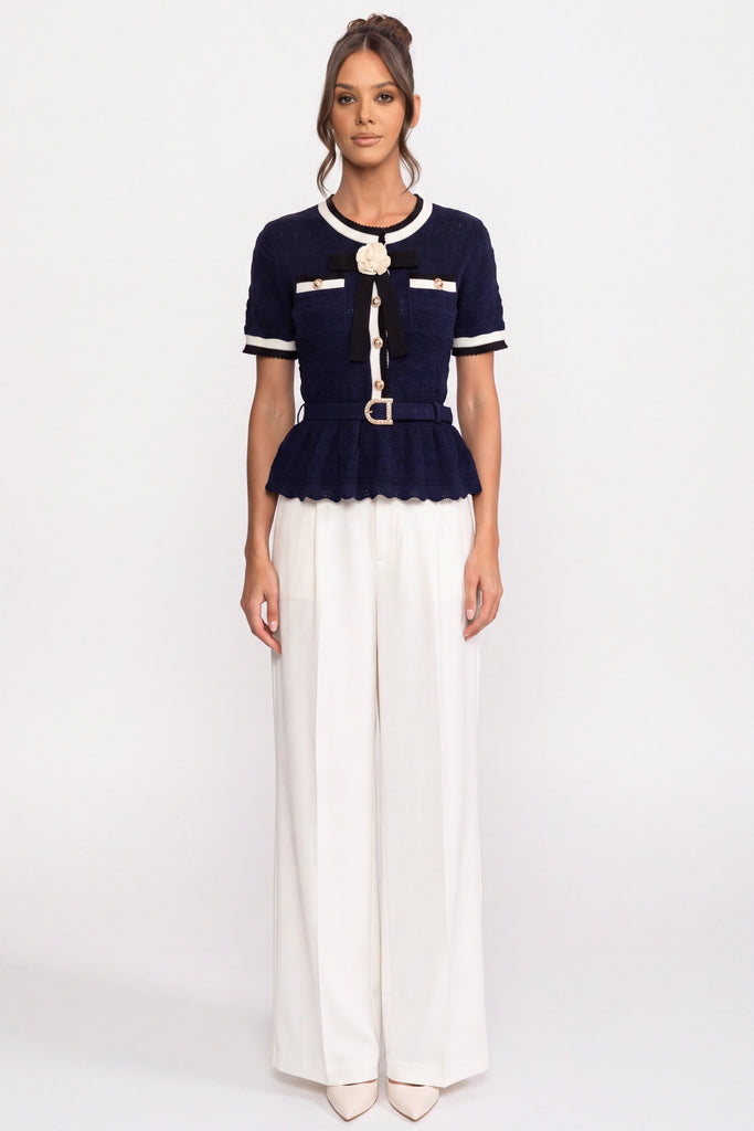 Peplum Knit Top With Contrast Sailor Collar And Pearl Buttons - Navy