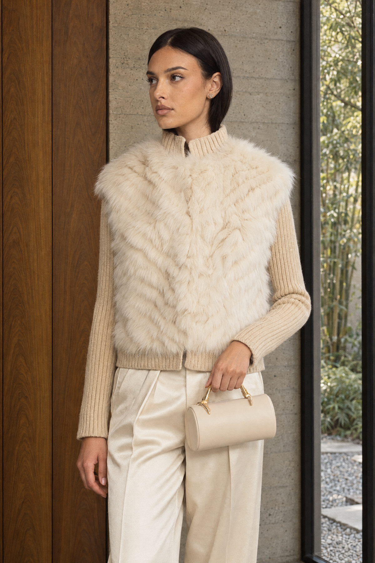 Knitted Fox Fur Jacket with Rib Knit Sleeves - Beige