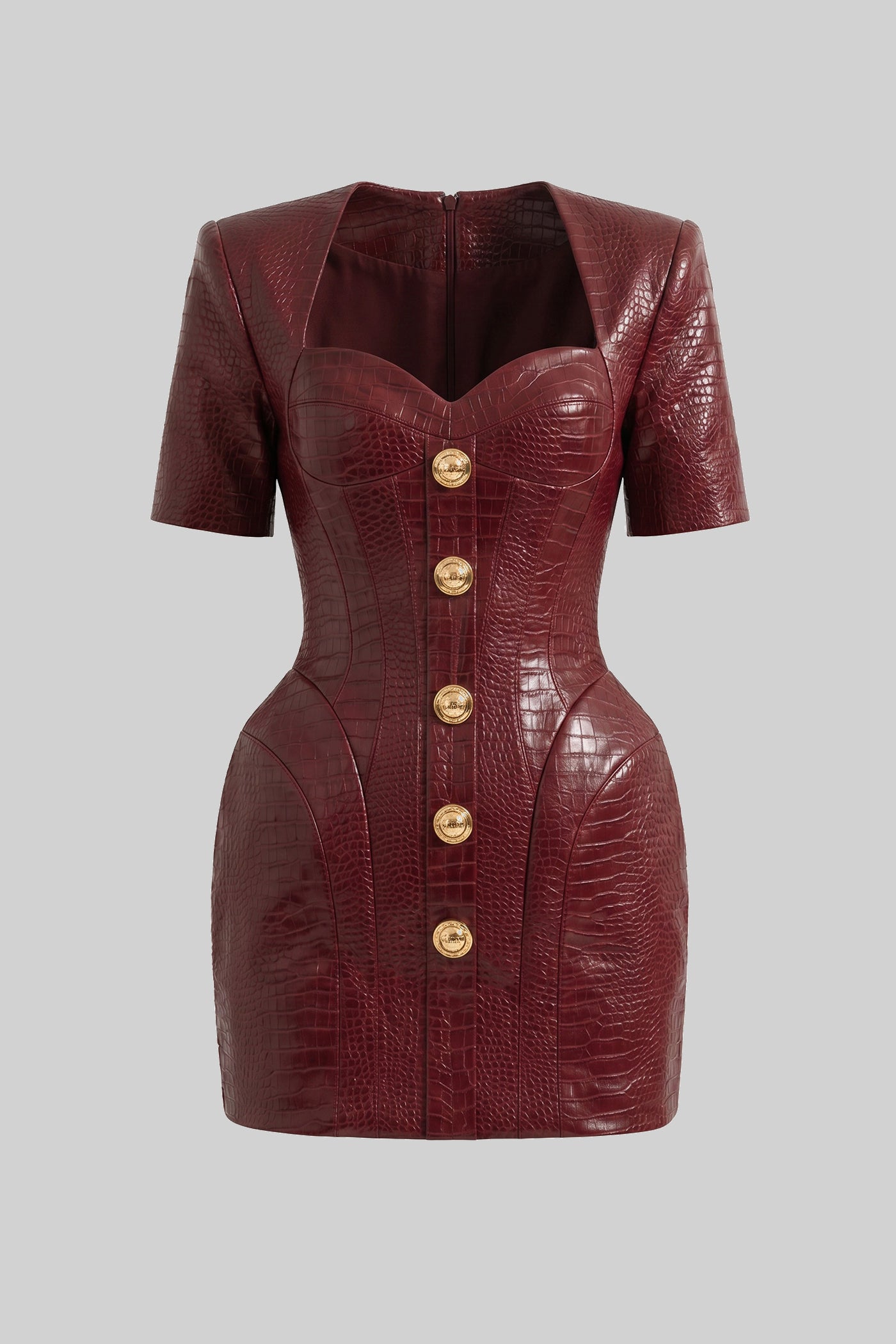 Mini-Kleid mit Krokodilprägung und goldener Knopfleiste - Rot 