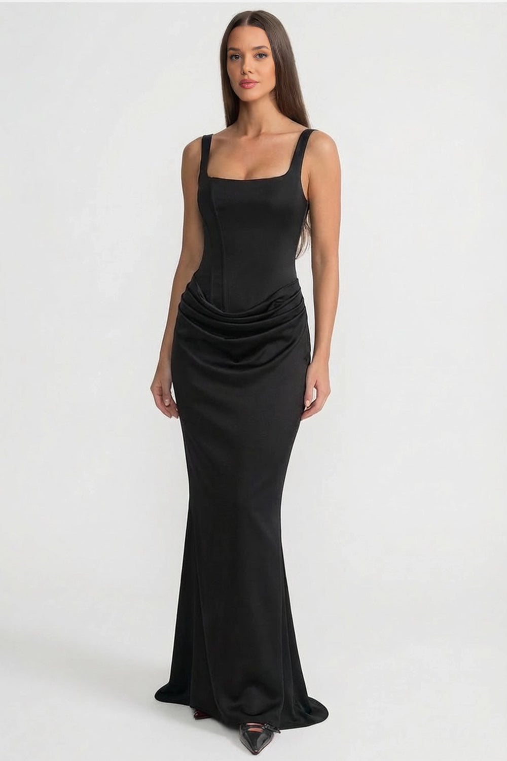 Corset Maxi Dress with Draped Hip Detail – Black