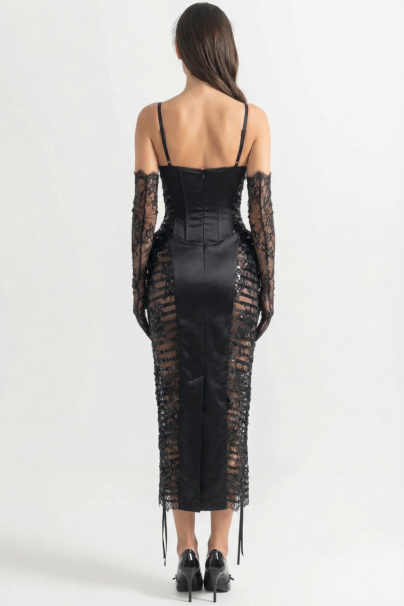 Midi-Kleid mit Spitzenbesatz und transparenten Pailletten-Seiteneinsätzen - Schwarz 