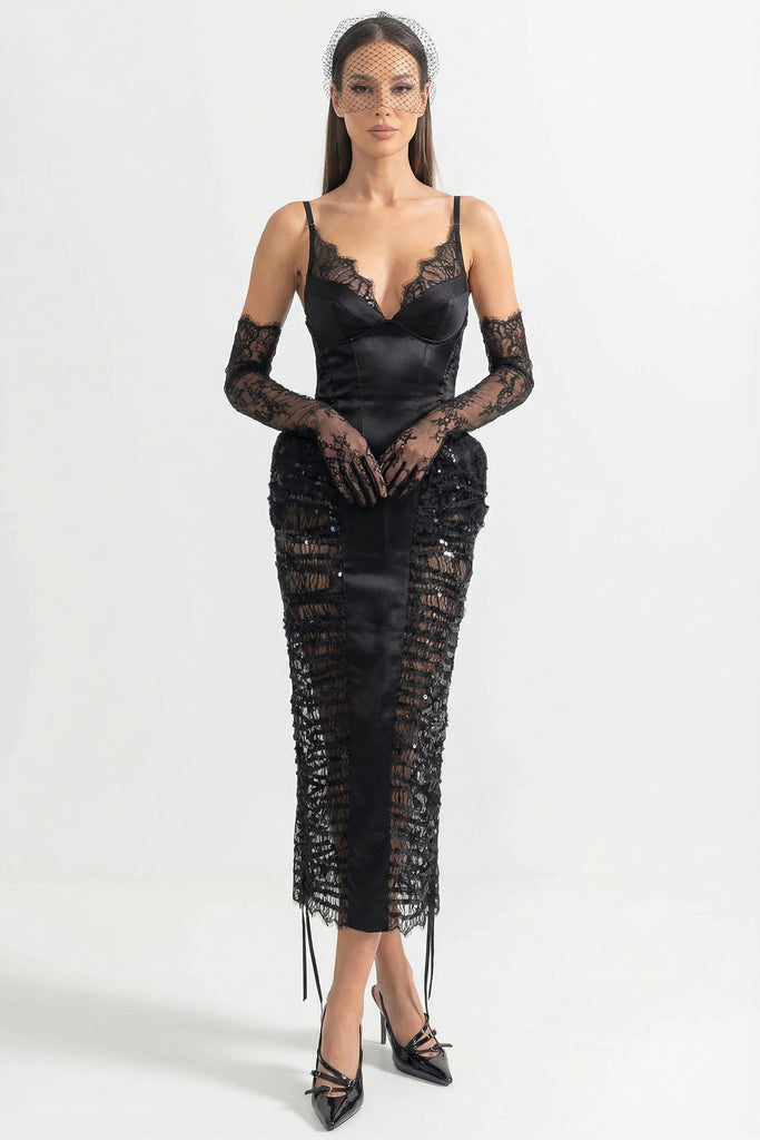 Midi-Kleid mit Spitzenbesatz und transparenten Pailletten-Seiteneinsätzen - Schwarz 