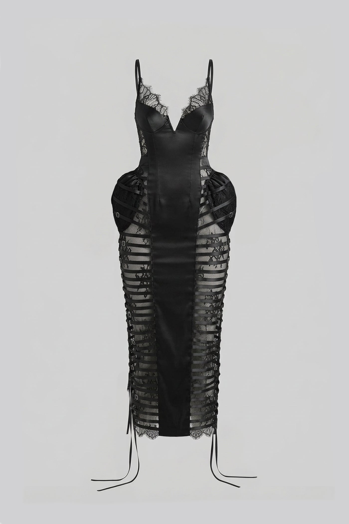 Midi-Kleid mit Spitzenbesatz und transparenten Pailletten-Seiteneinsätzen - Schwarz 