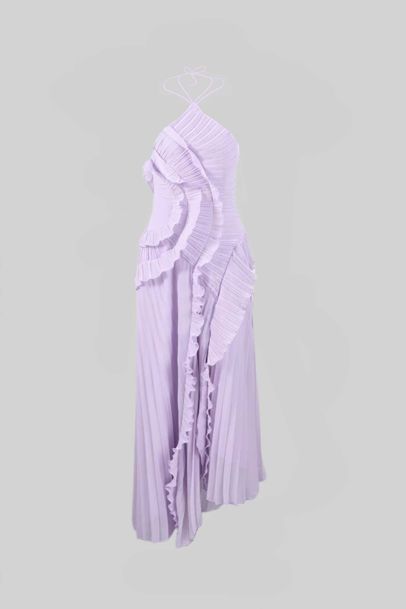Pleated Halter Midi Dress With Cascading Ruffle Details - Lavender